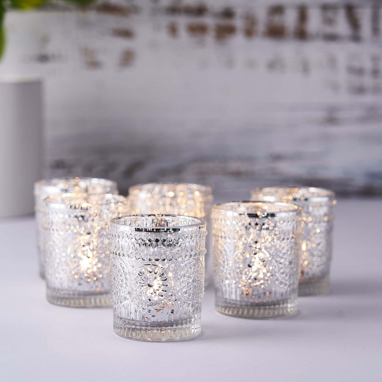 6 Pack Glass Votive Candle Holders in Silver Primrose Design, Votive Tealight Holders - Image 2