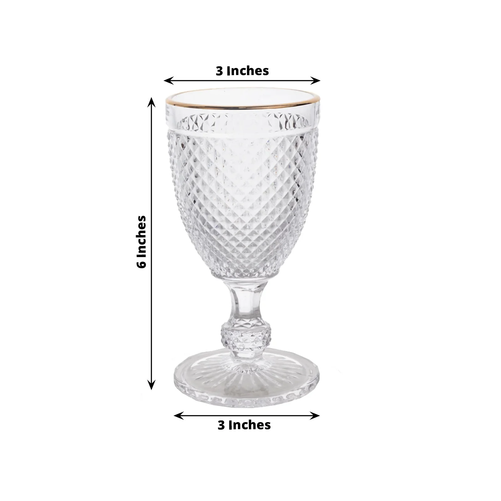 6-Pack Glass Wine Goblets 8oz Clear with Gold Rim and Embossed Diamond Pattern 6" - Vintage Short Stem Cocktail Glasses - Image 2