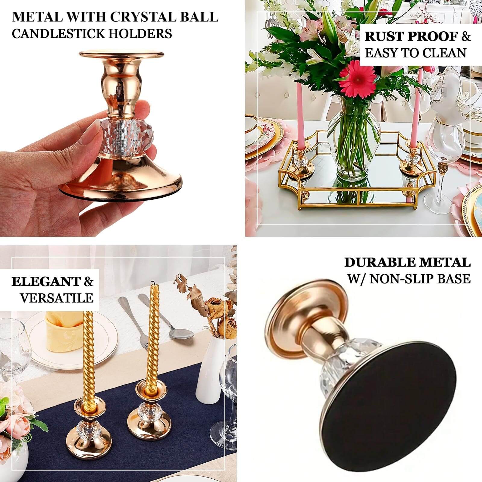 6 Pack Gold Metal Taper Candle Holders with Crystal Ball, Elegant 3.5" Vintage Candle Stick Stands - Image 3
