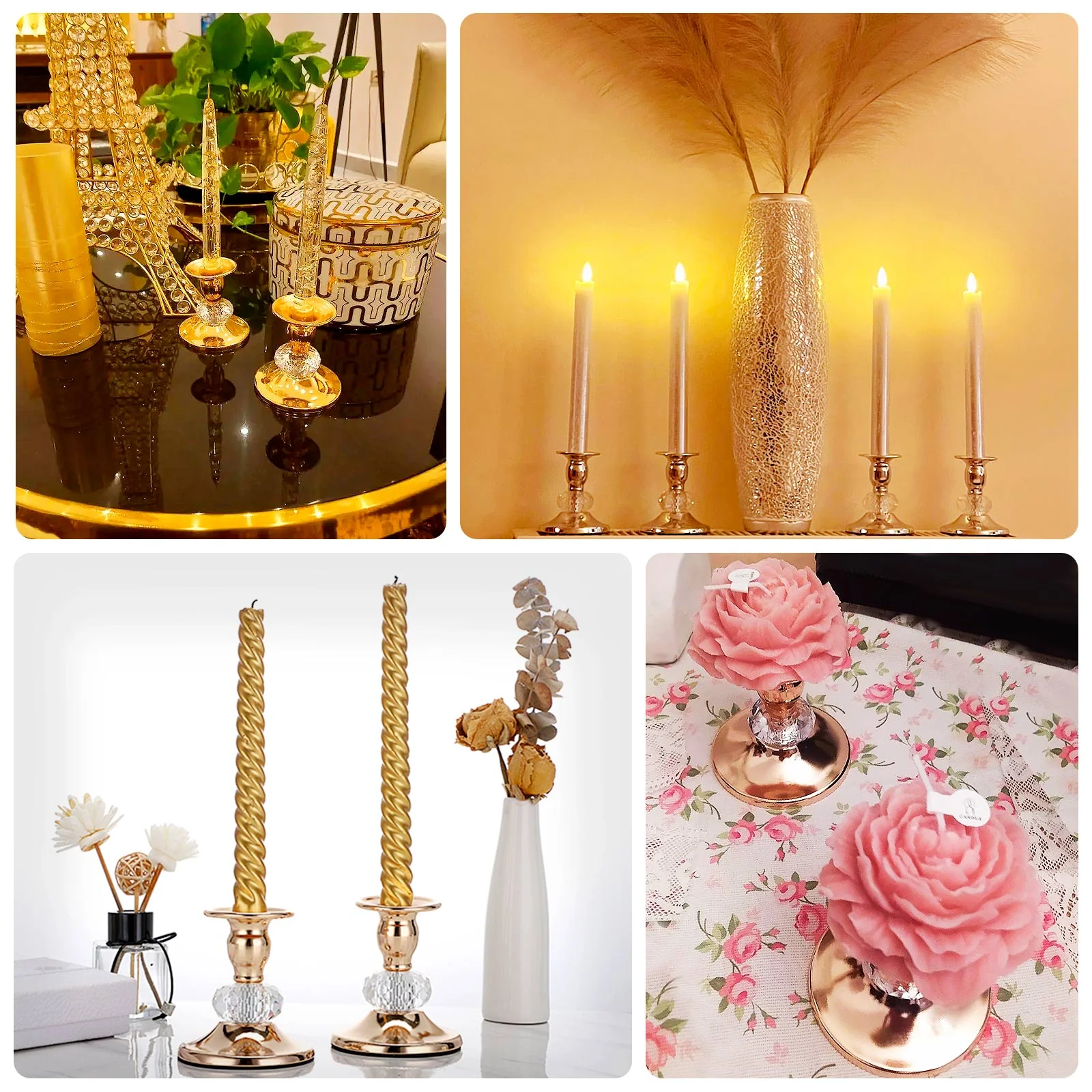 6 Pack Gold Metal Taper Candle Holders with Crystal Ball, Elegant 3.5" Vintage Candle Stick Stands - Image 4