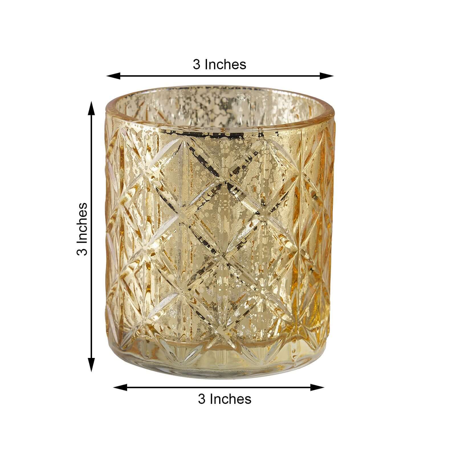 6-Pack Mercury Glass Candle Holders 3" Shiny Gold with Geometric Design - Votive Tealight Holders - Image 3