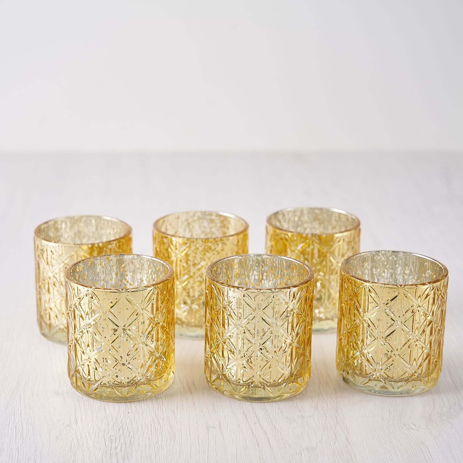6-Pack Mercury Glass Candle Holders 3" Shiny Gold with Geometric Design - Votive Tealight Holders - Image 7