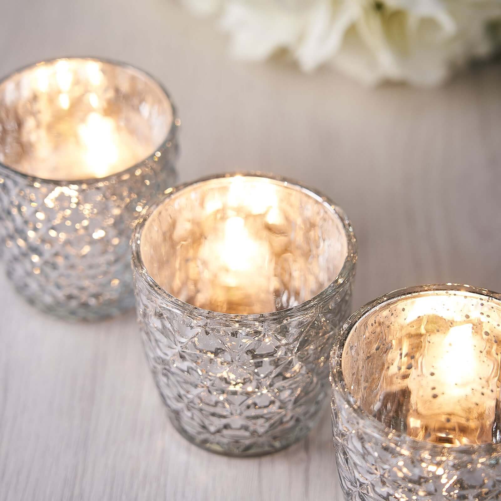 6-Pack Mercury Glass Votive Candle Holders 3" Metallic Silver with Assorted Geometric Designs - Tealight Holders - Image 2
