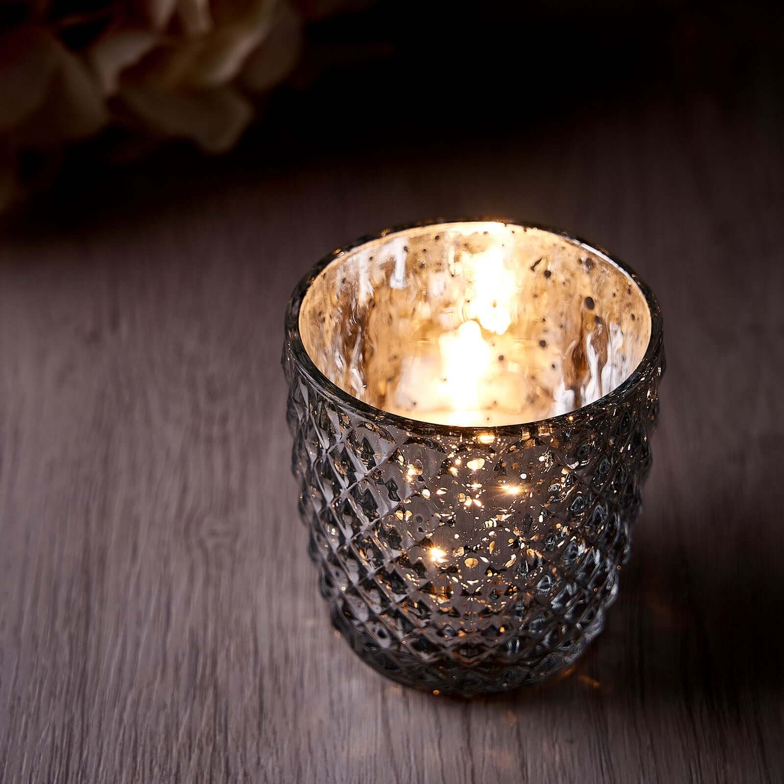 6-Pack Mercury Glass Votive Candle Holders 3" Metallic Silver with Assorted Geometric Designs - Tealight Holders - Image 6