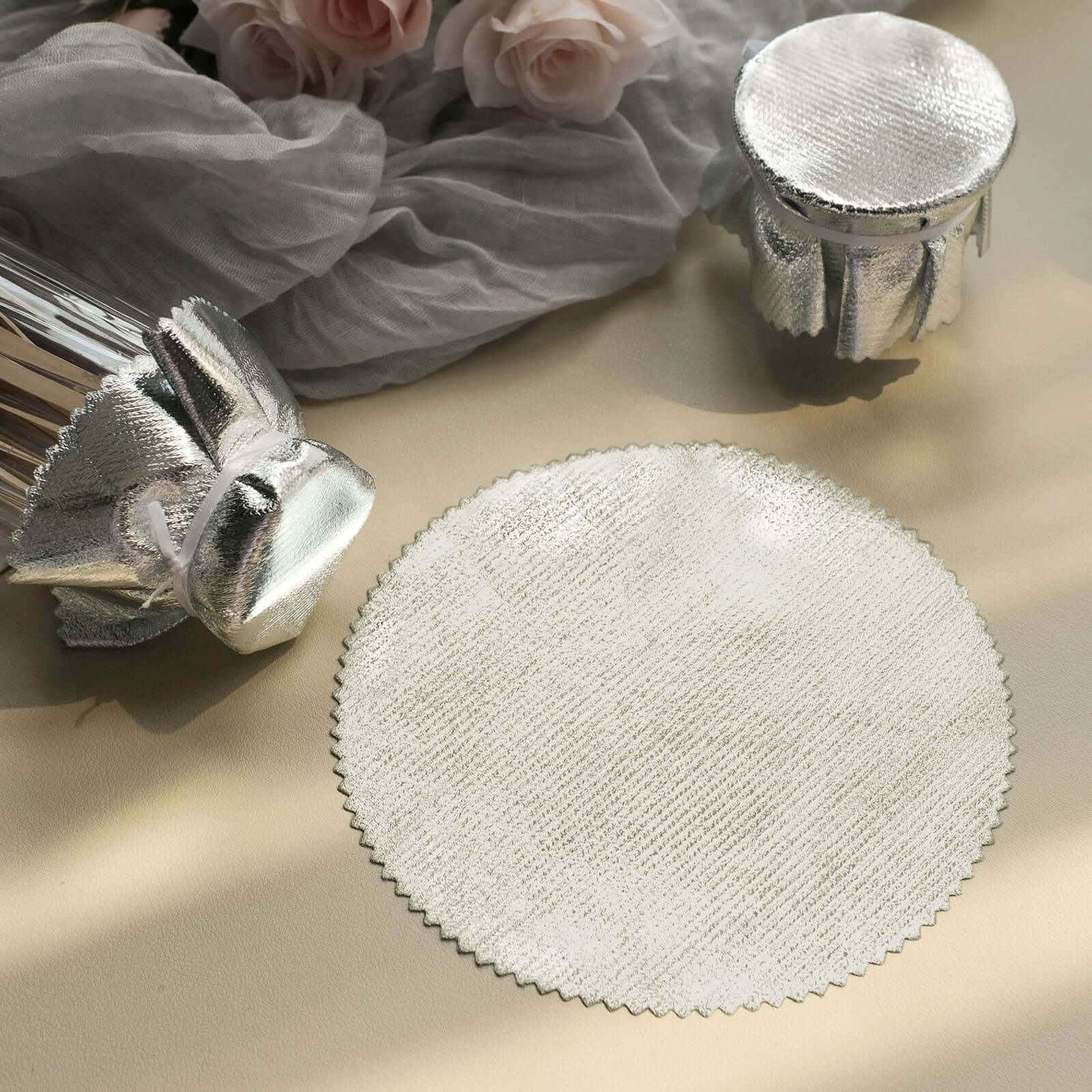 6-Pack Metallic Silver Fabric Jar Covers 6" Round Lame Design with Satin Tie String - DIY Party Favors & Craft Supplies - Image 2
