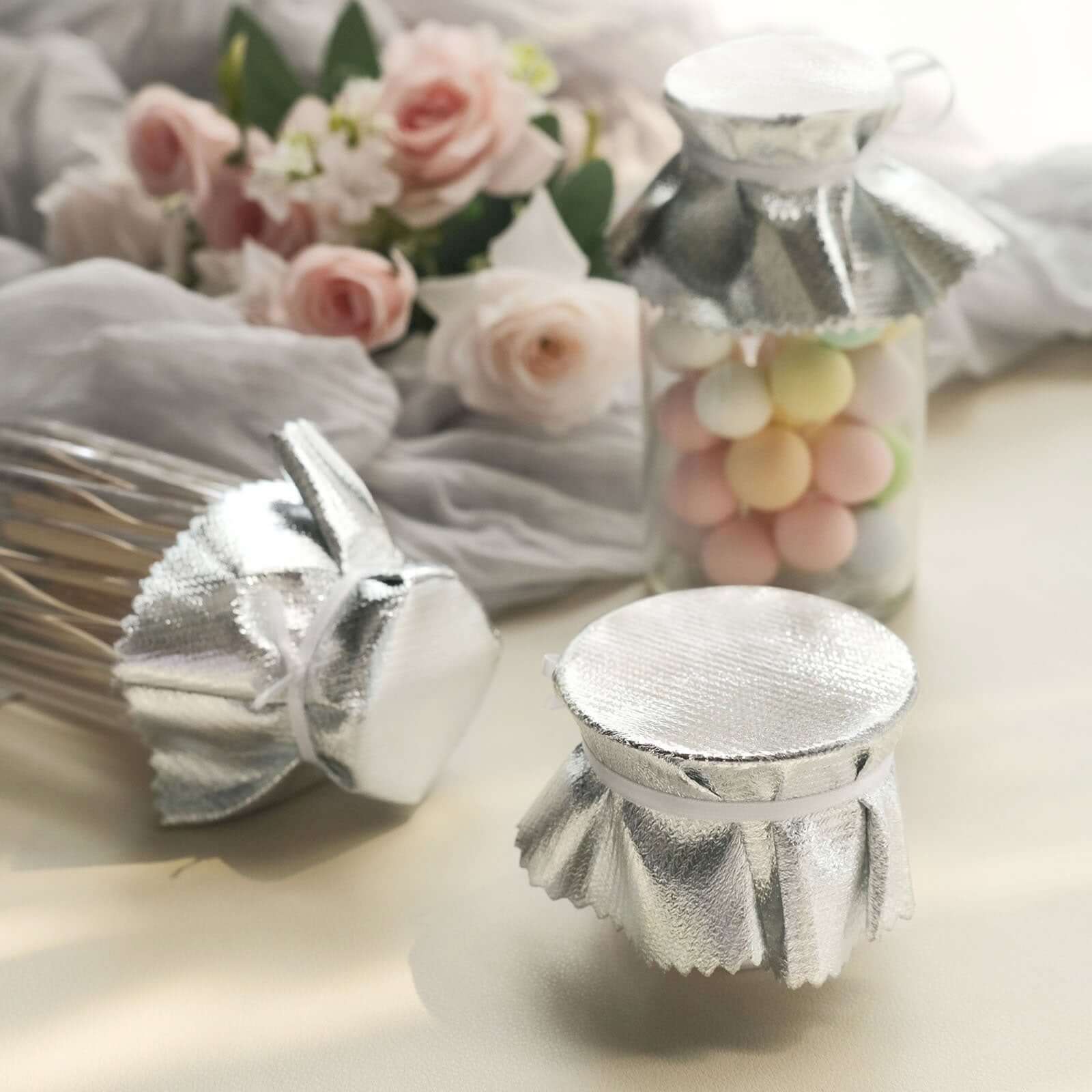 6-Pack Metallic Silver Fabric Jar Covers 6" Round Lame Design with Satin Tie String - DIY Party Favors & Craft Supplies - Image 4