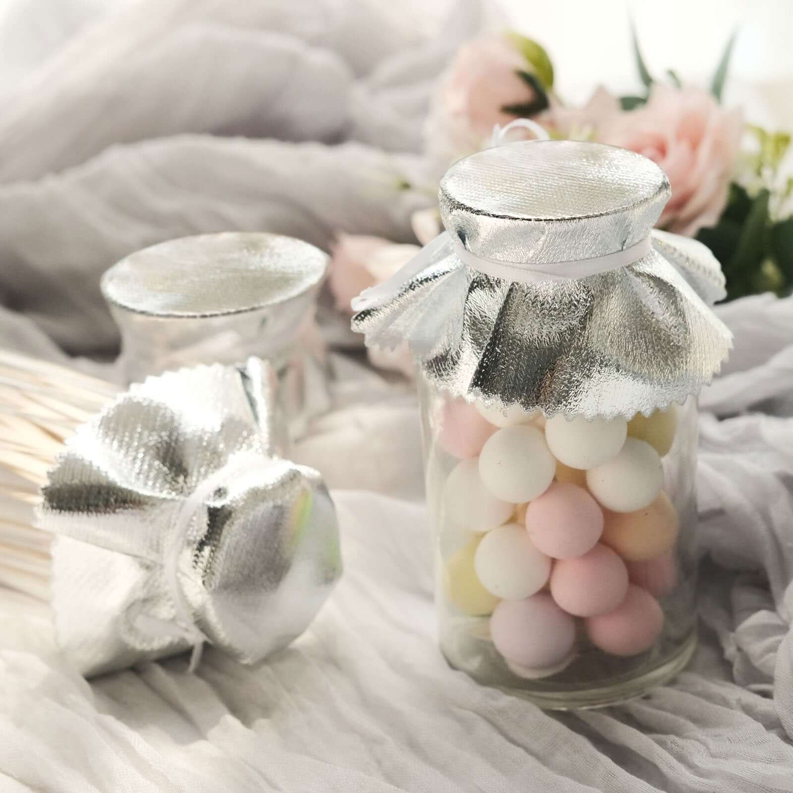 6-Pack Metallic Silver Fabric Jar Covers 6" Round Lame Design with Satin Tie String - DIY Party Favors & Craft Supplies - Image 5