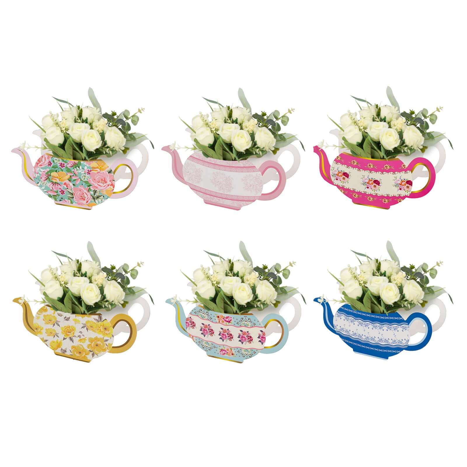 6 Pack Mixed Paper Teapot Favor Boxes with Vintage Floral Design, Flower Boxes Centerpiece Tea Party Supplies - 10"x3.5"x5" - Image 6