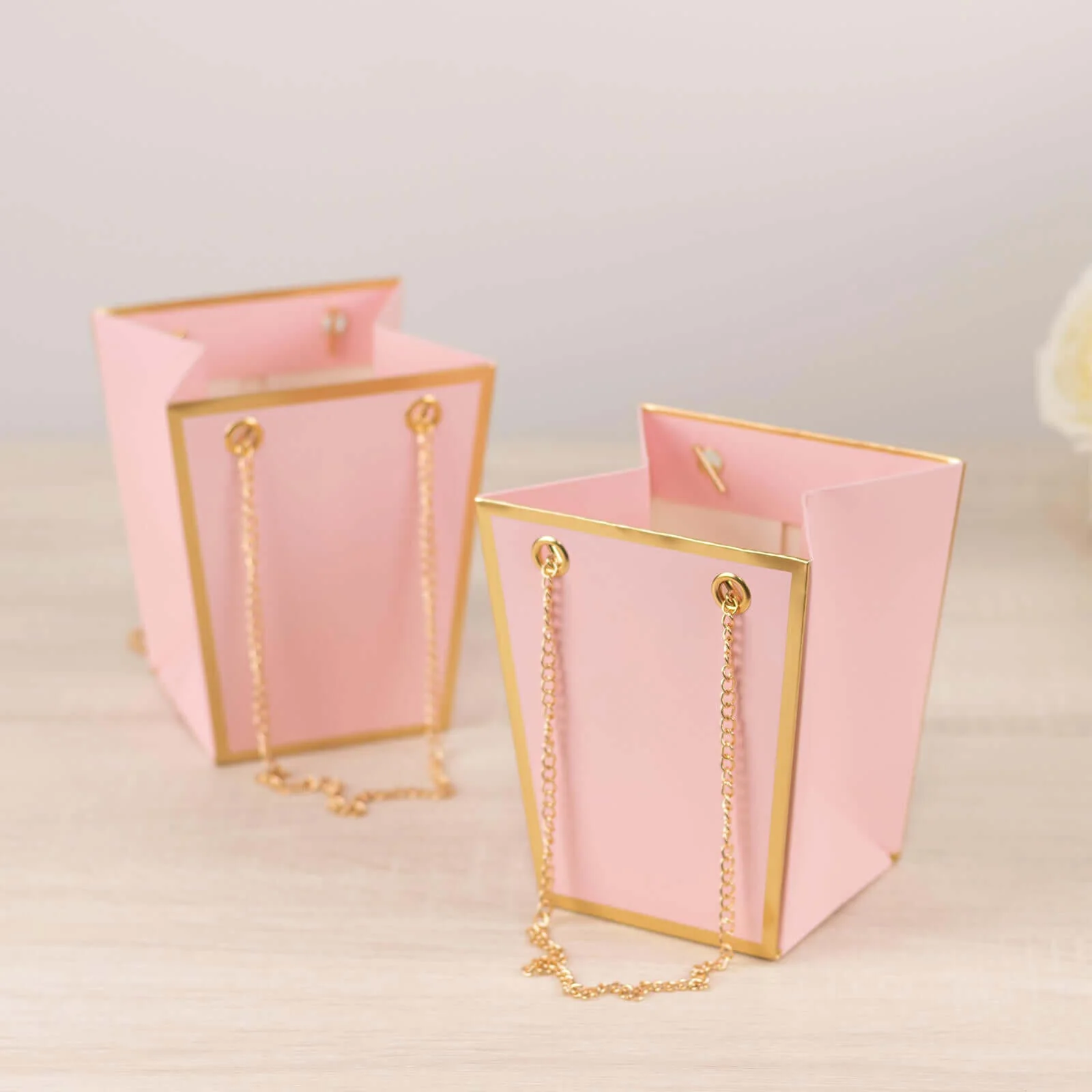 6 Pack Pink Gold Edge Paper Flower Gift Bags With Metal Chain Handles, Party Favor Tote Bags in Trapezoid Shape - 5"x6" - Image 11