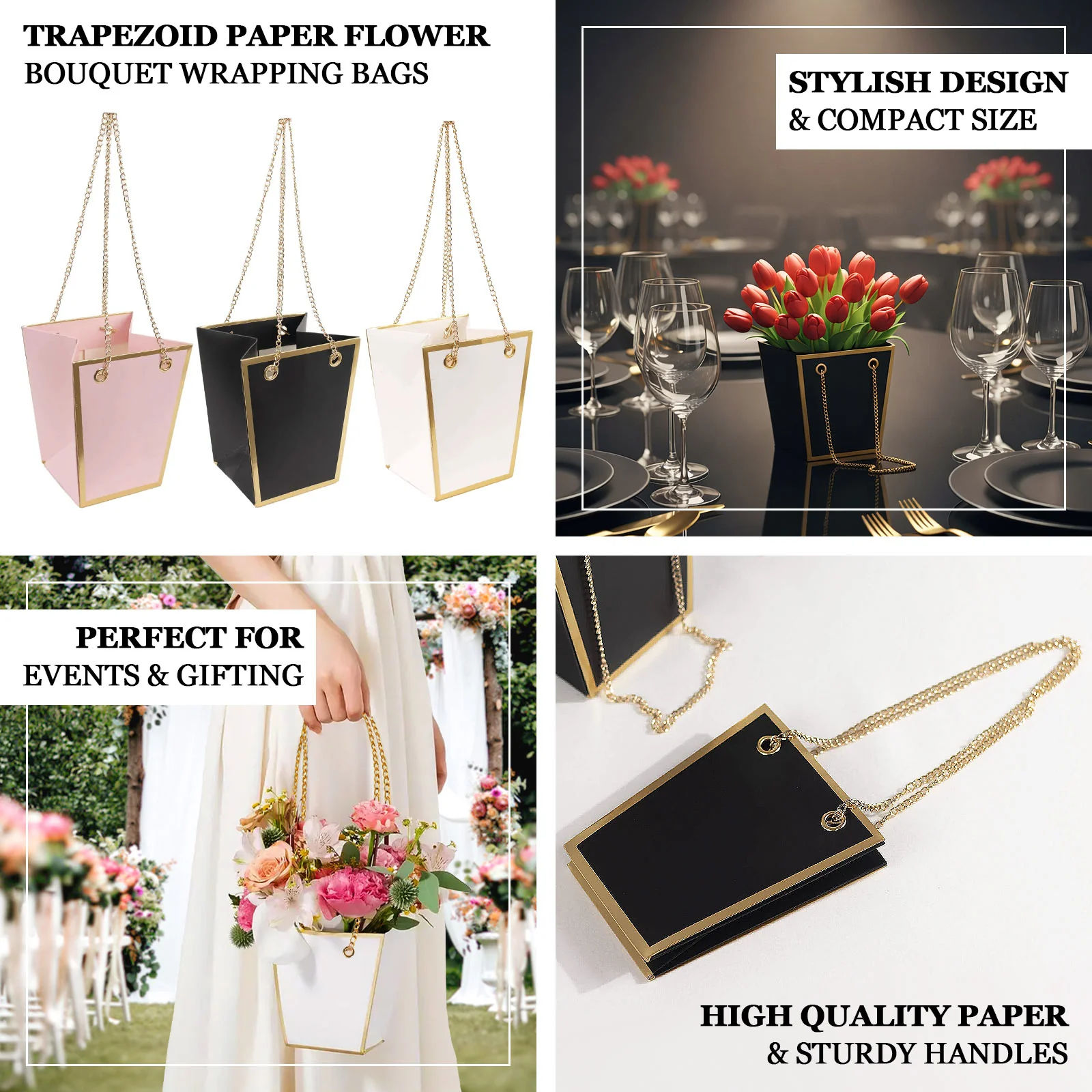 6 Pack Pink Gold Edge Paper Flower Gift Bags With Metal Chain Handles, Party Favor Tote Bags in Trapezoid Shape - 5"x6" - Image 4