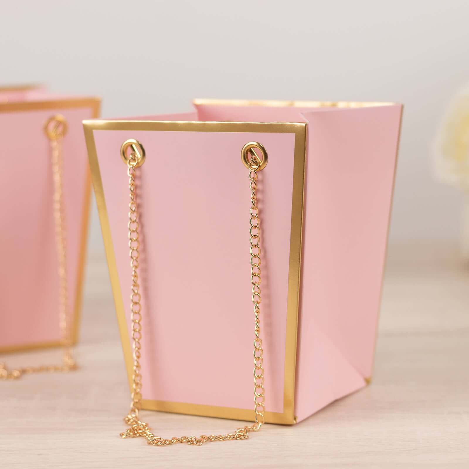 6 Pack Pink Gold Edge Paper Flower Gift Bags With Metal Chain Handles, Party Favor Tote Bags in Trapezoid Shape - 5"x6" - Image 9