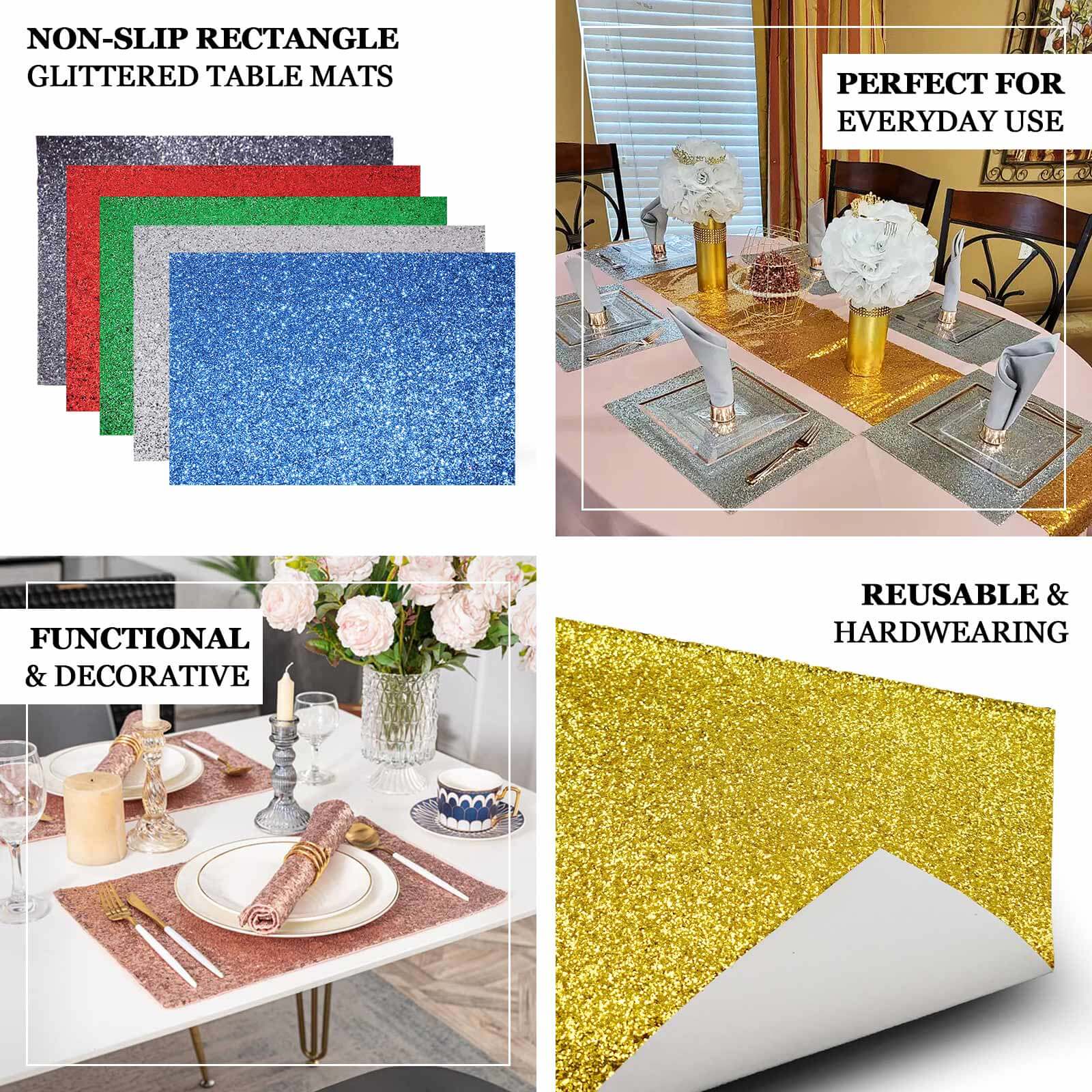 6-Pack Placemats 12"x18" Rectangle Glitter Design Rose Gold Sparkle - Non-Slip Decorative Table Mats - Image 4