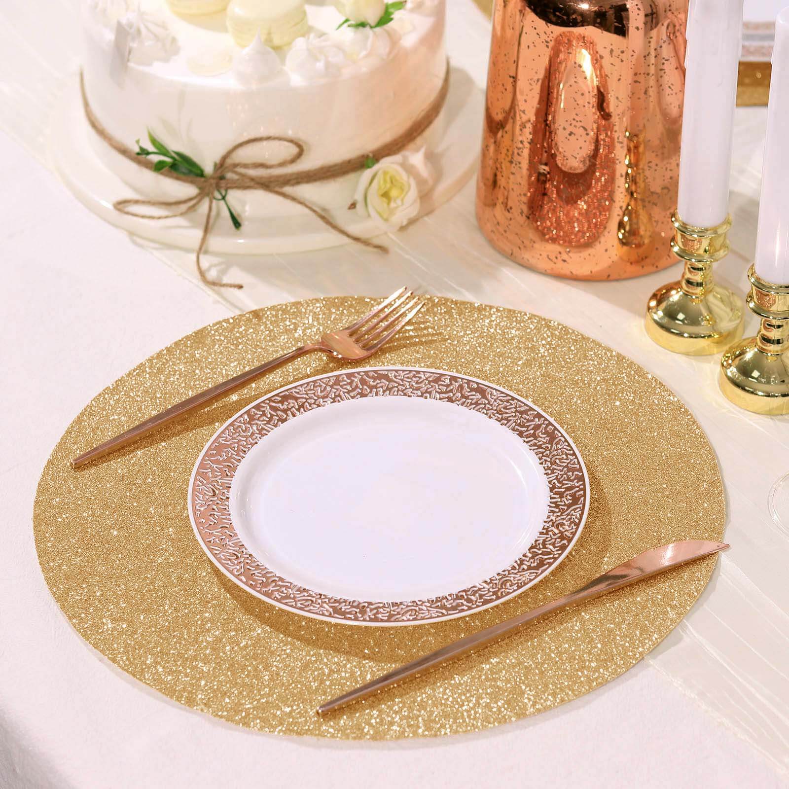 6-Pack Placemats 13" Round Glitter Design Champagne Sparkle - Non-Slip Decorative Table Mats - Image 2