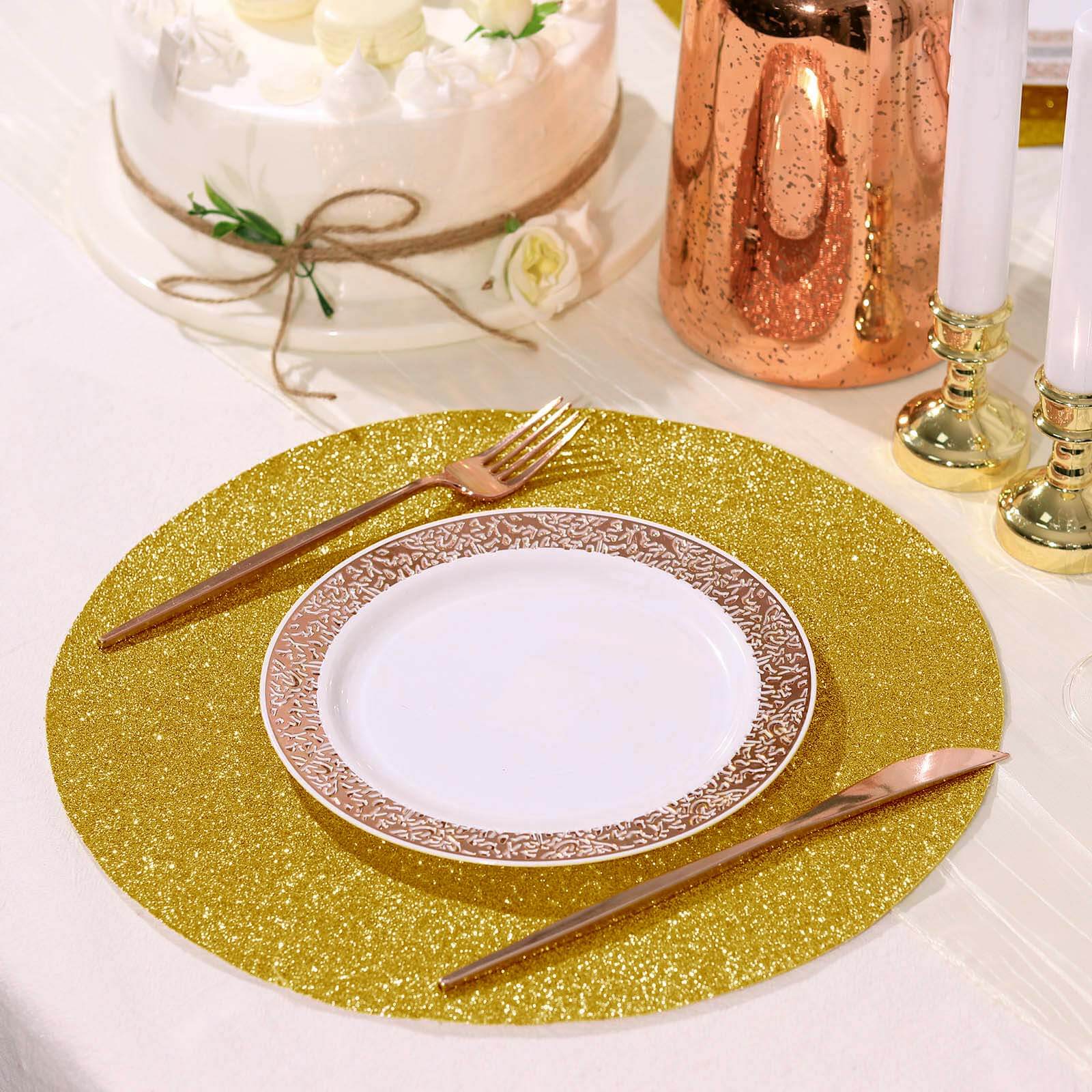 6-Pack Placemats 13" Round Glitter Design Gold Sparkle - Non-Slip Decorative Table Mats for Stylish Dining - Image 2