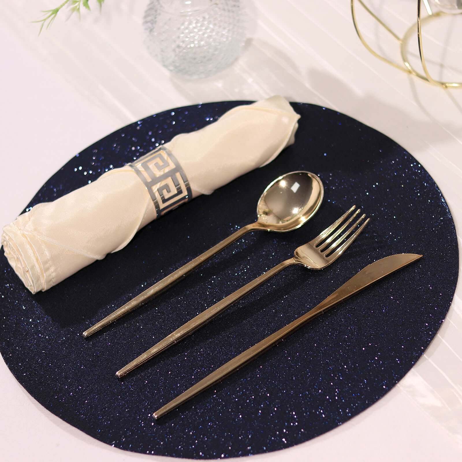6-Pack Placemats 13" Round Glitter Design Navy Blue Sparkle - Non-Slip Decorative Table Mats