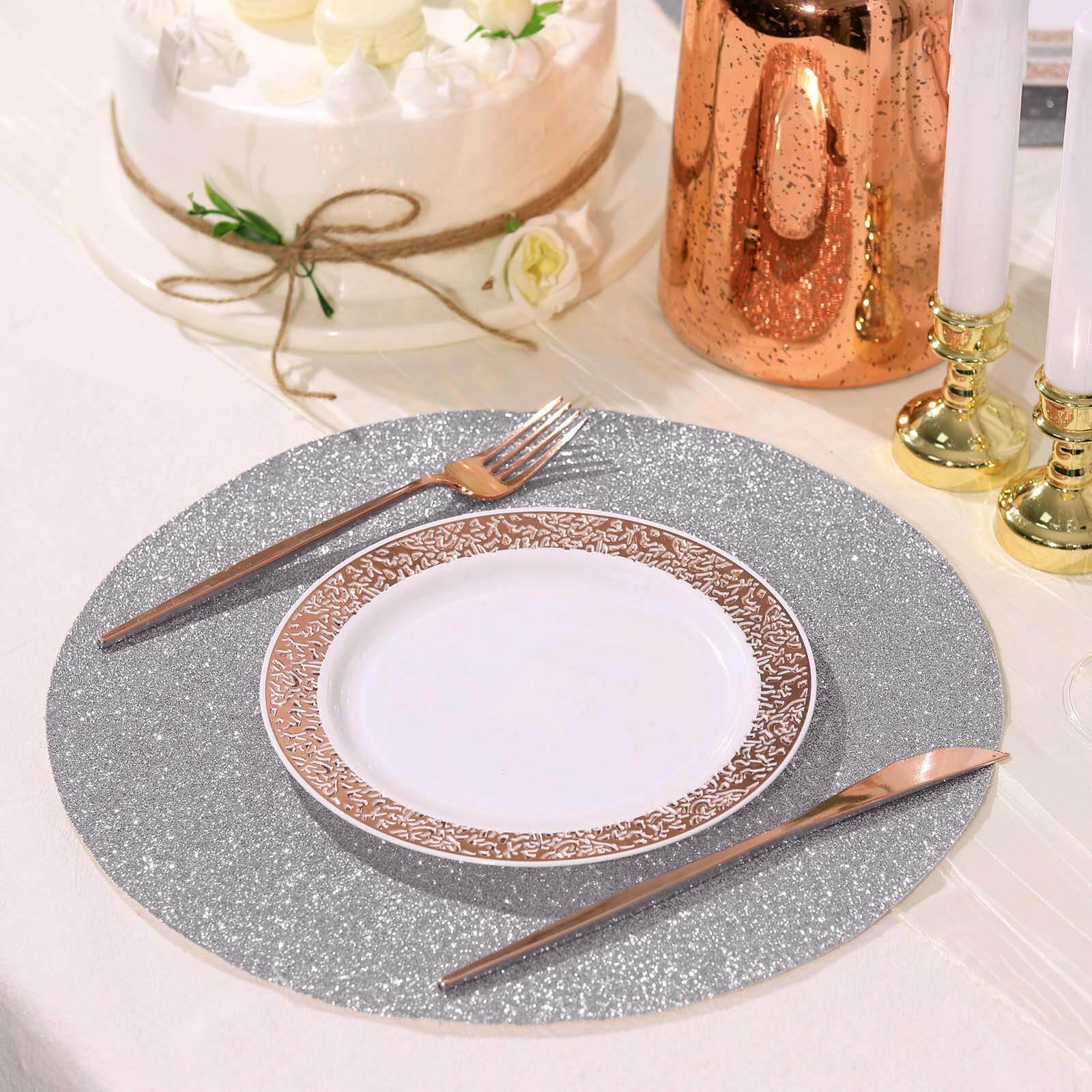 6-Pack Placemats 13" Round Glitter Design Silver Sparkle - Non-Slip Decorative Table Mats - Image 2