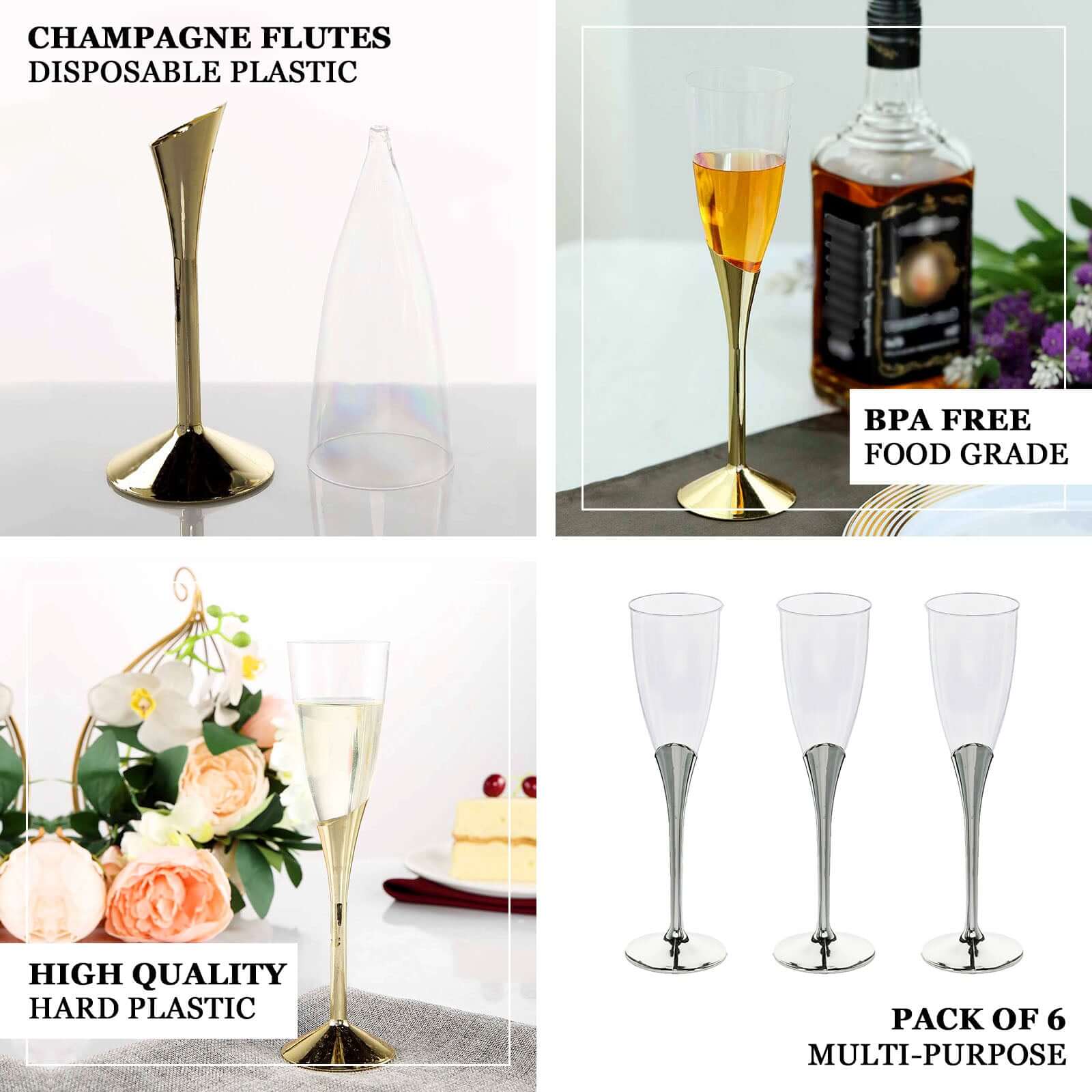6-Pack Plastic Champagne Flutes 5oz Clear/Gold - Disposable Glasses with Detachable Base - Image 4