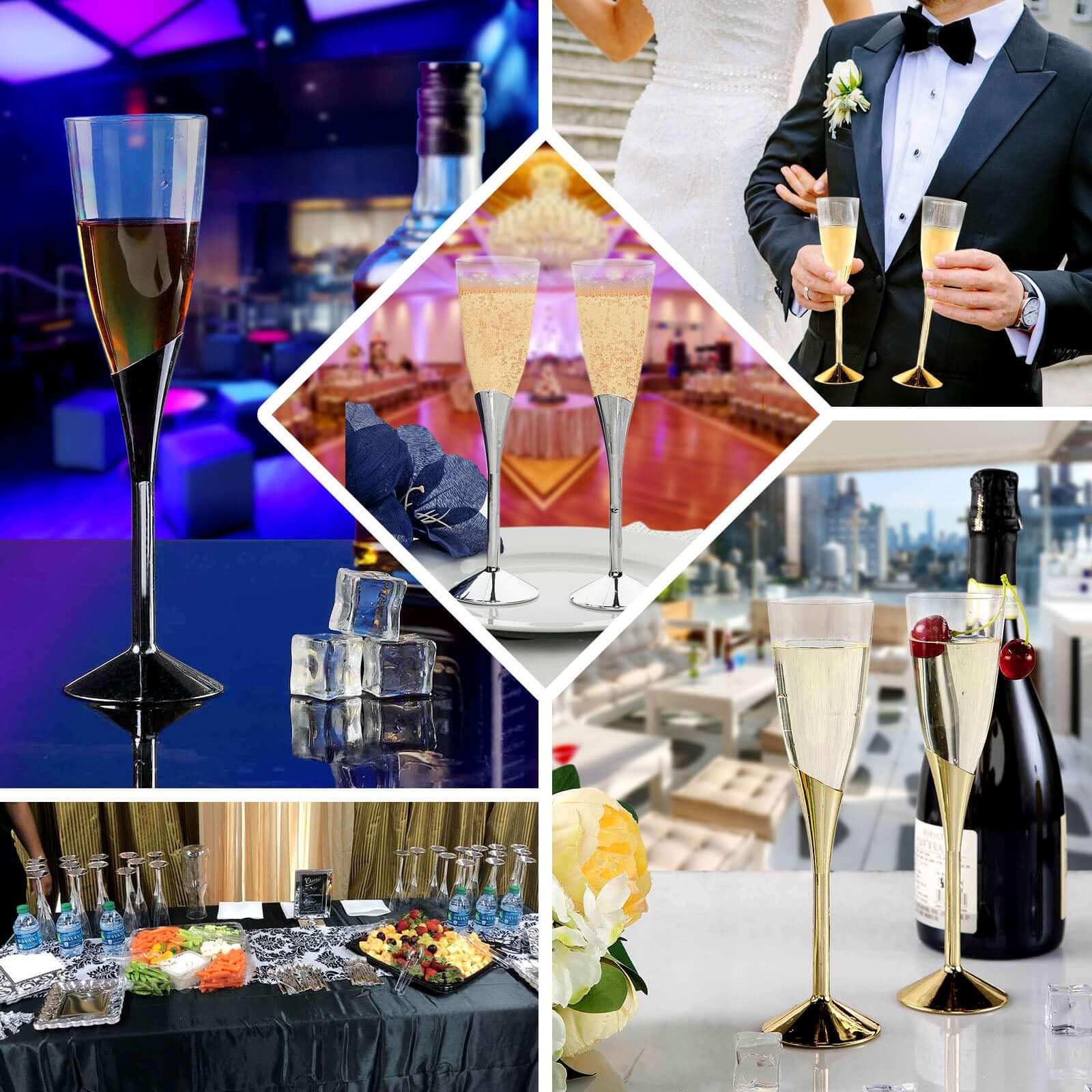 6-Pack Plastic Champagne Flutes 5oz Clear/Silver - Disposable Glasses with Detachable Base - Image 4