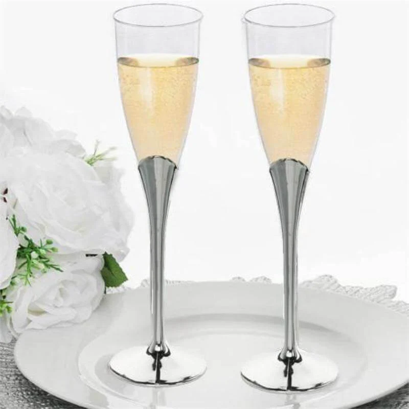 6-Pack Plastic Champagne Flutes 5oz Clear/Silver - Disposable Glasses with Detachable Base - Image 5