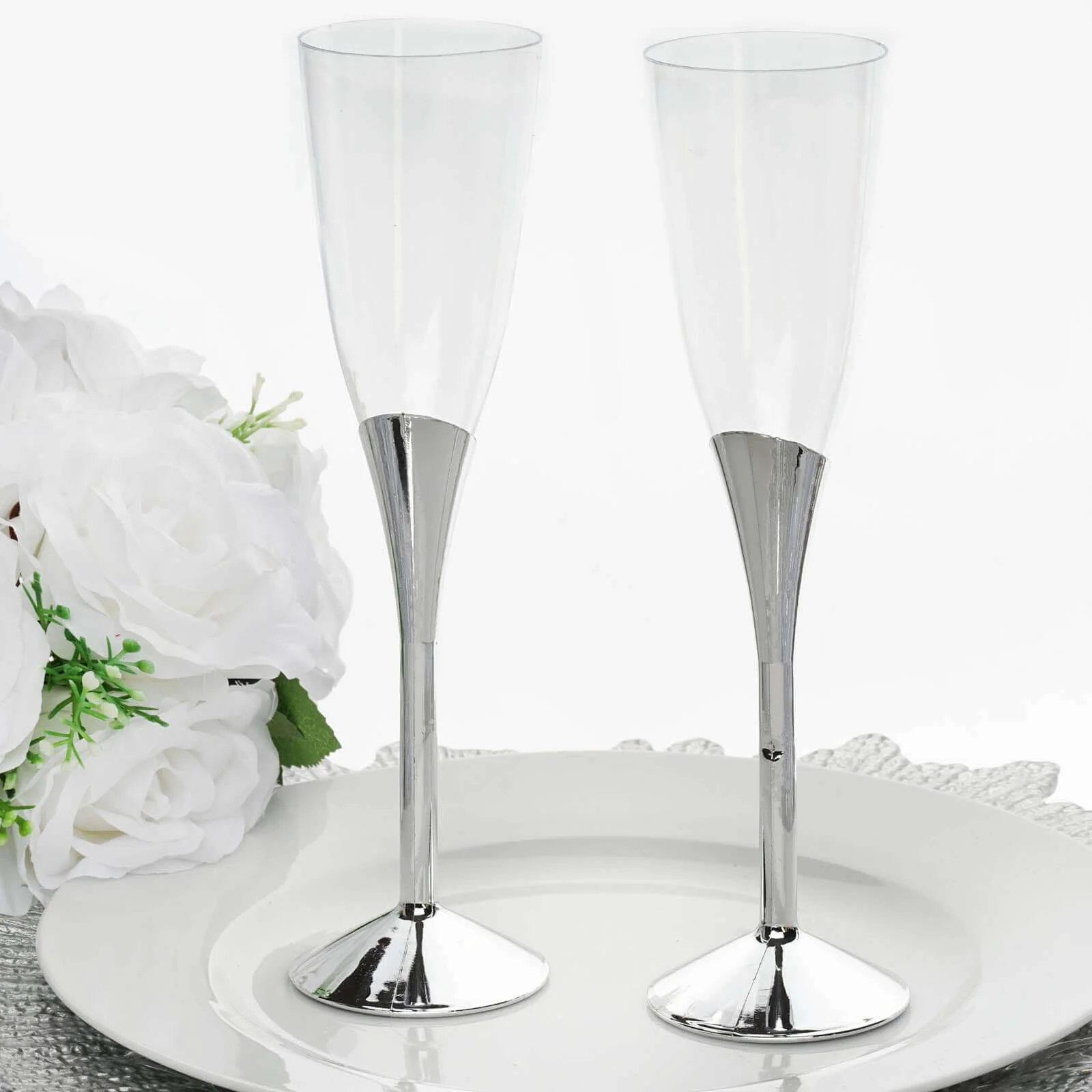6-Pack Plastic Champagne Flutes 5oz Clear/Silver - Disposable Glasses with Detachable Base - Image 6