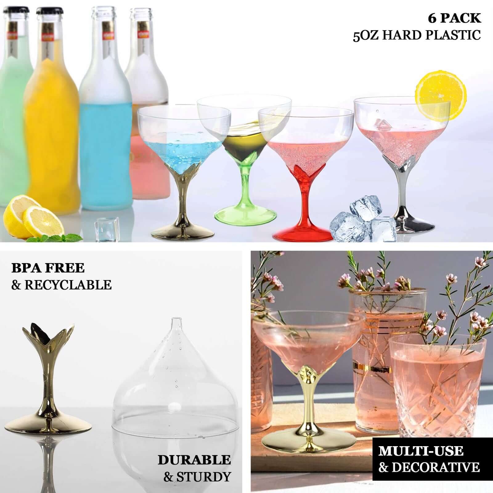 6-Pack Plastic Champagne Glasses 5oz Gold Hard Material - Disposable Wine Goblets with Detachable Cups - Image 4