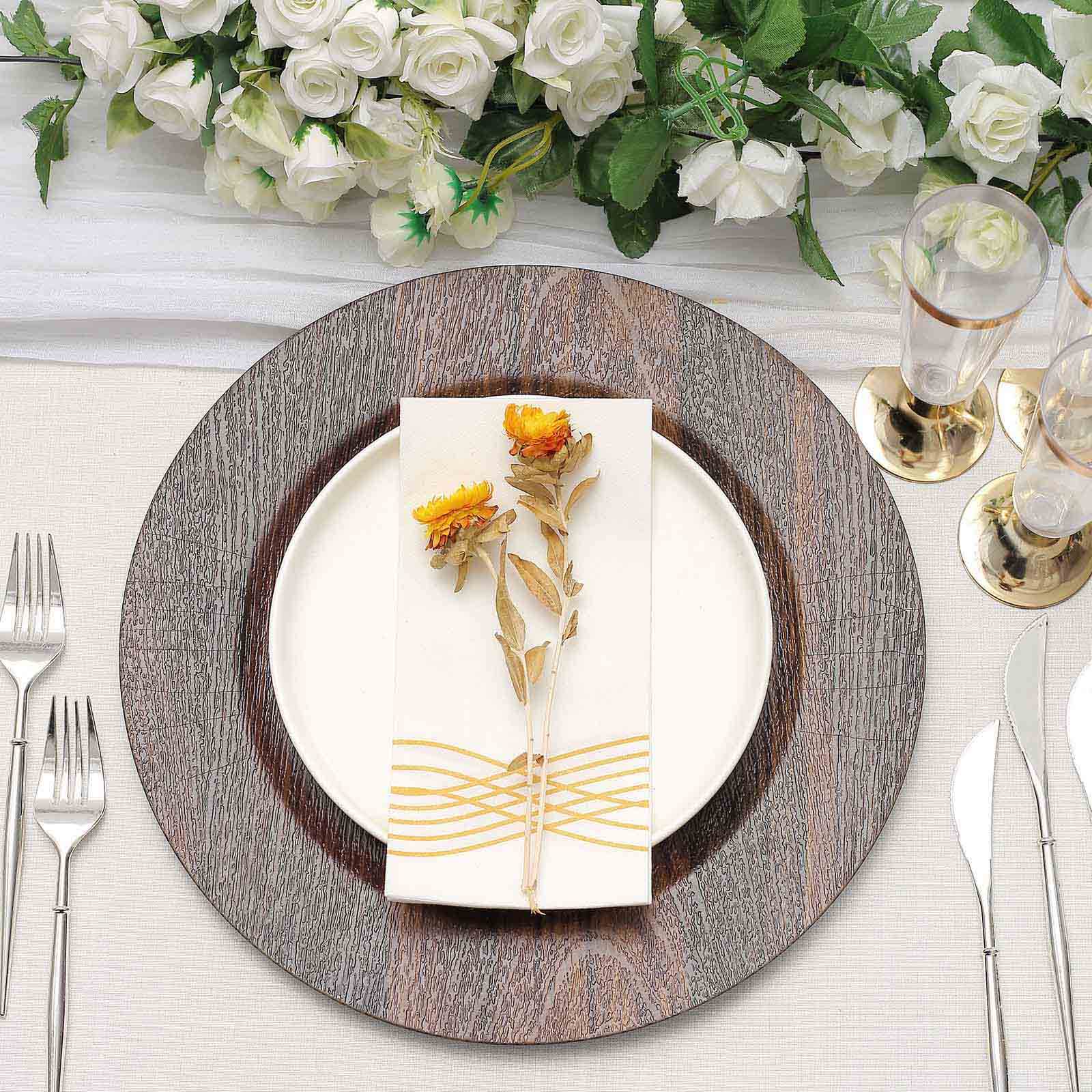 6-Pack Plastic Charger Plates 13" Round Dark Brown with Faux Wood Finish - Rustic Boho Chic Dinner Party Charger Tableware - Image 2