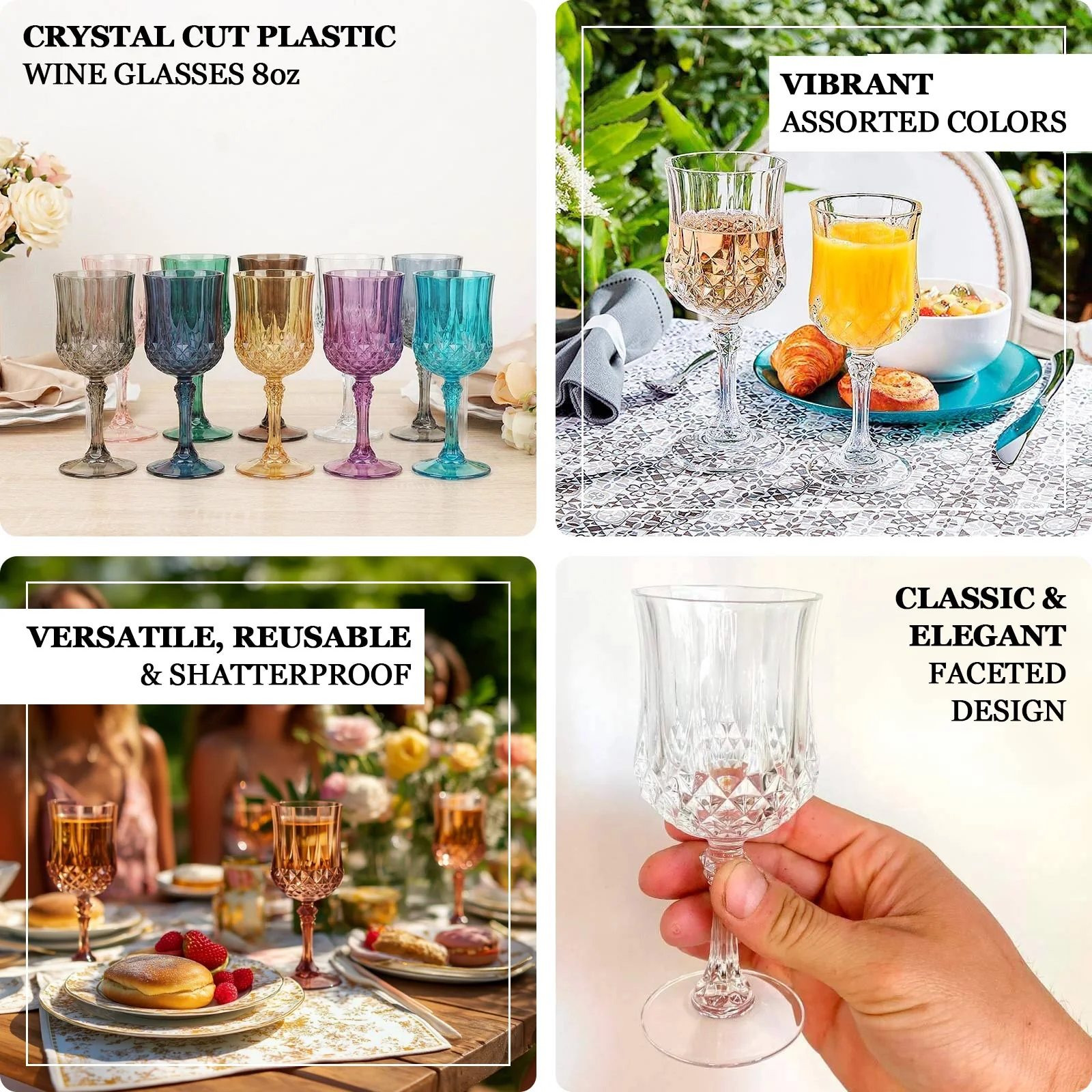 6-Pack Plastic Crystal Cut Wine Glasses 8oz, Transparent Blush - Shatterproof Cocktail Goblets - Image 4