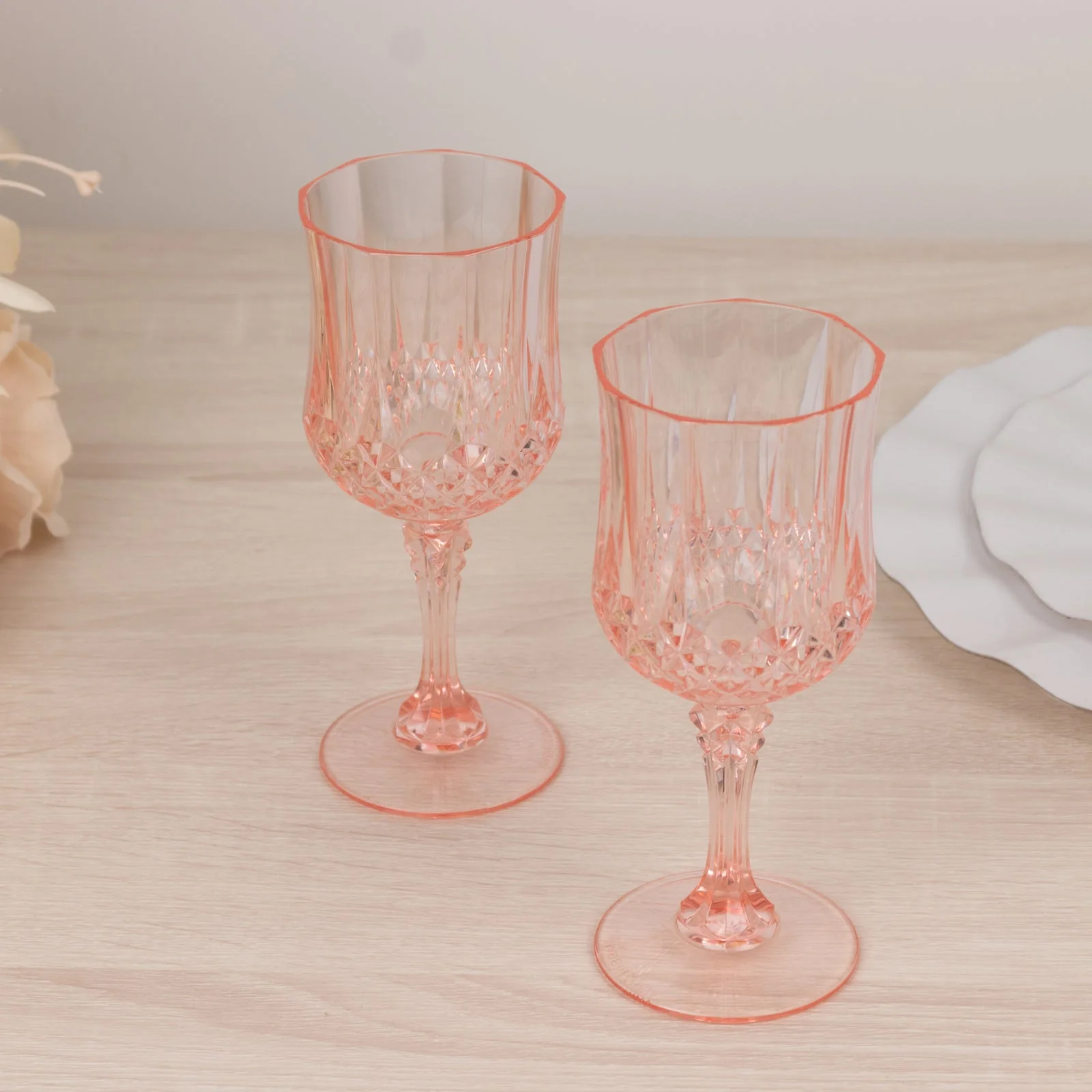 6-Pack Plastic Crystal Cut Wine Glasses 8oz, Transparent Blush - Shatterproof Cocktail Goblets - Image 9