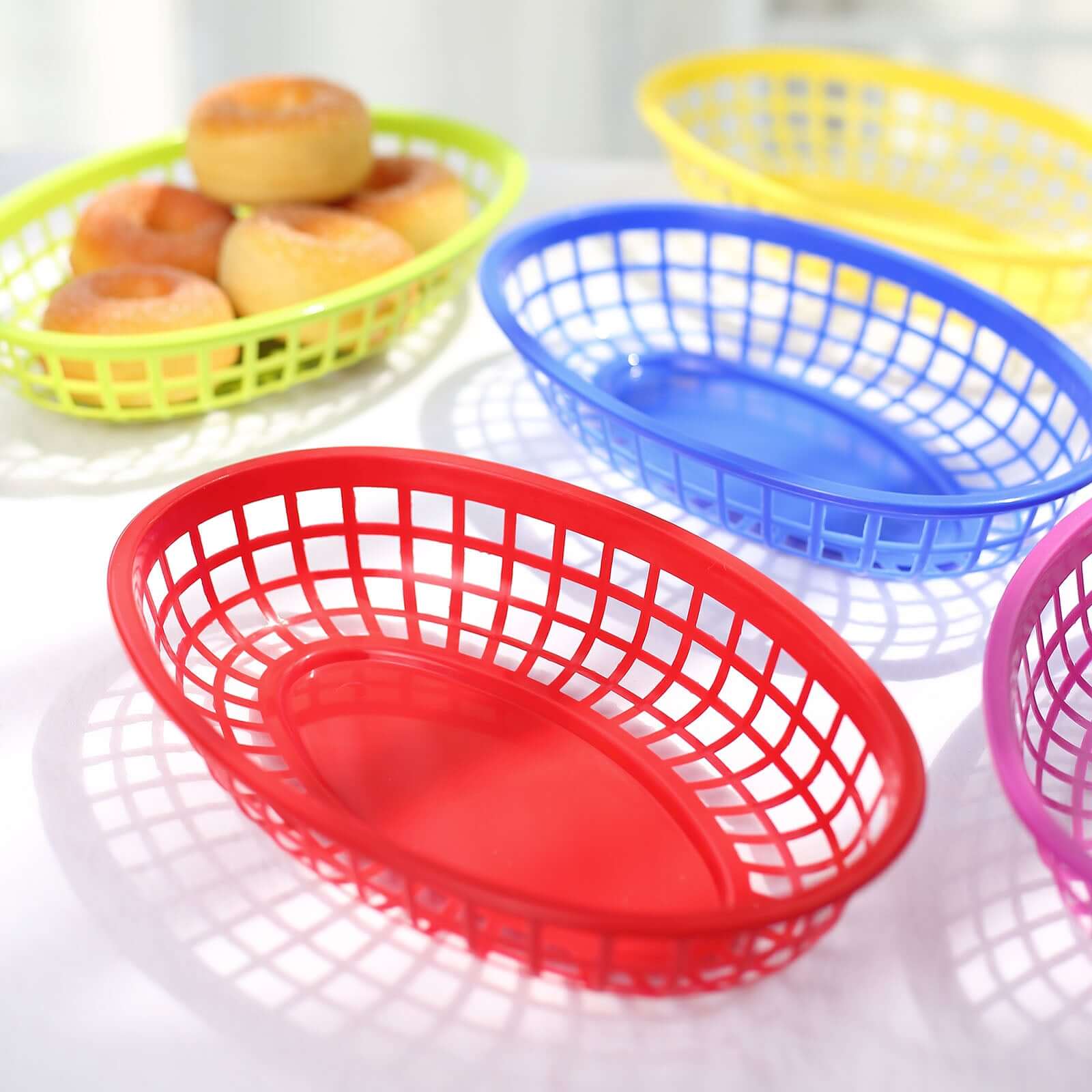 6-Pack Plastic Food Baskets with 50 Wax Paper Liners - Colorful Individual Deli Serving Oval Tray Baskets - Image 2