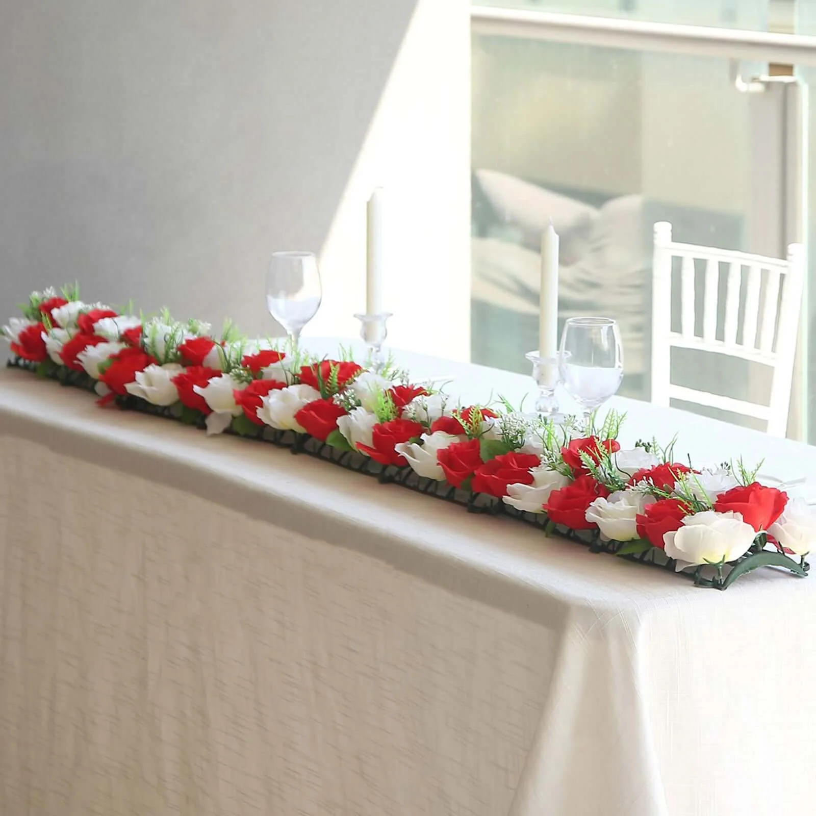 6 Pack Red Ivory Silk Rose Flower Panel Table Runner, Artificial Floral Arrangements Dining Table Decor - 20"x8" - Image 2