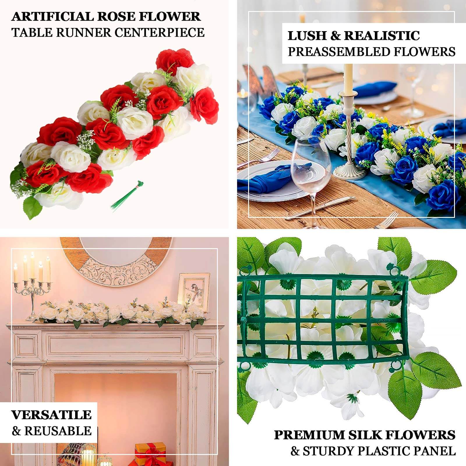6 Pack Red Ivory Silk Rose Flower Panel Table Runner, Artificial Floral Arrangements Dining Table Decor - 20"x8" - Image 4