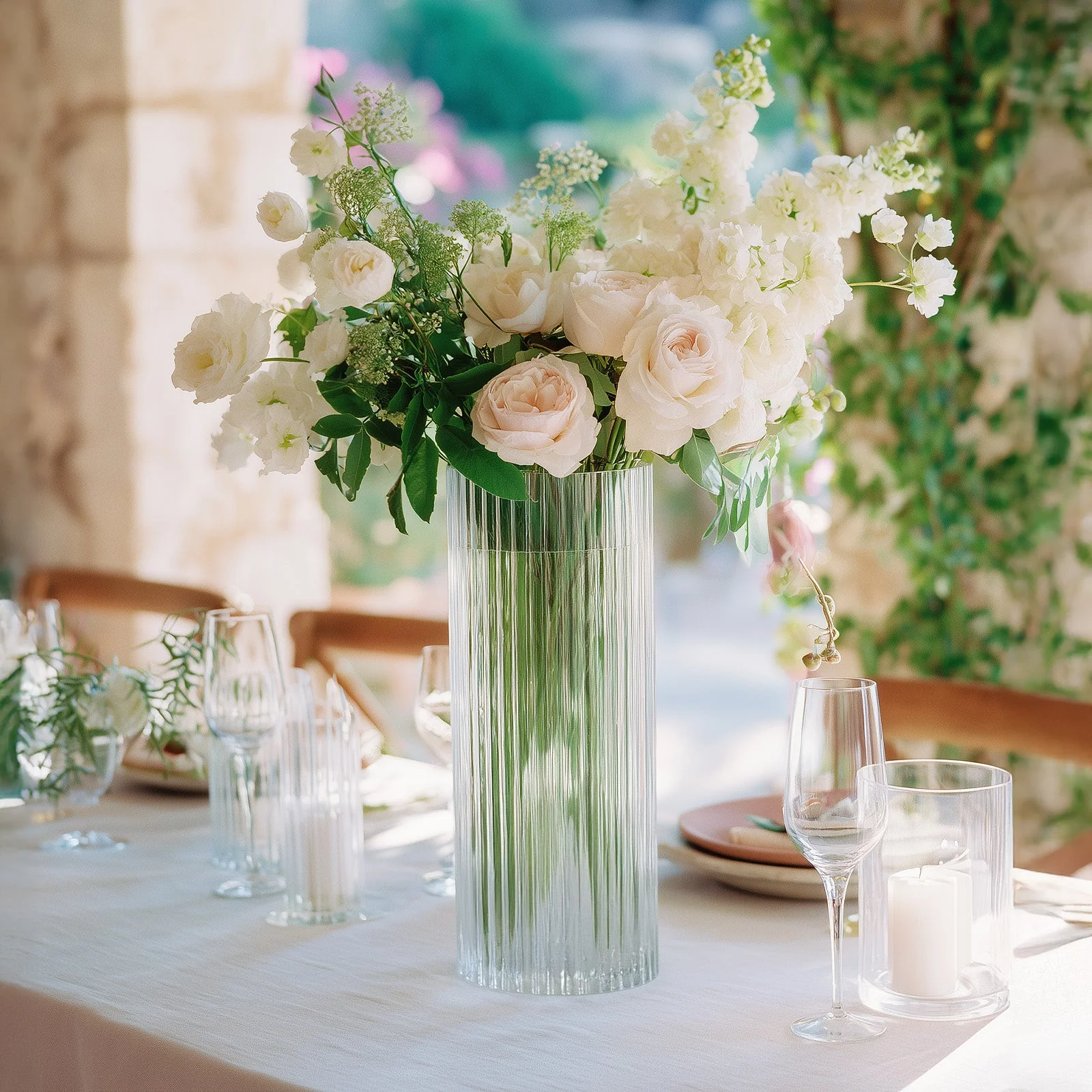 6 Pack Ribbed Cylinder Glass Vases – 14" Tall Clear Decorative Vases for Dining Tables, Mantels & Modern Interiors - Image 4