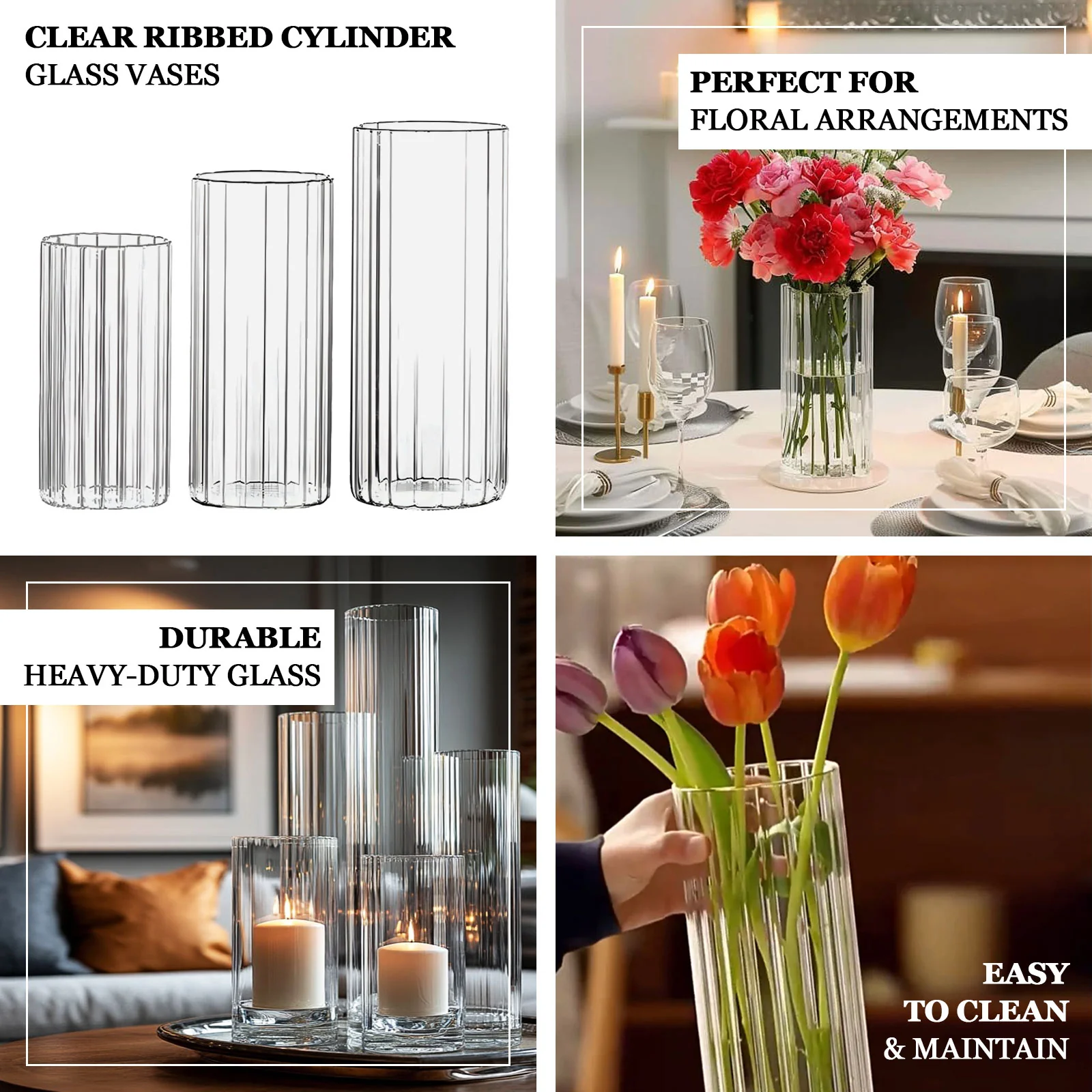 6 Pack Ribbed Cylinder Glass Vases – 14" Tall Clear Decorative Vases for Dining Tables, Mantels & Modern Interiors - Image 5