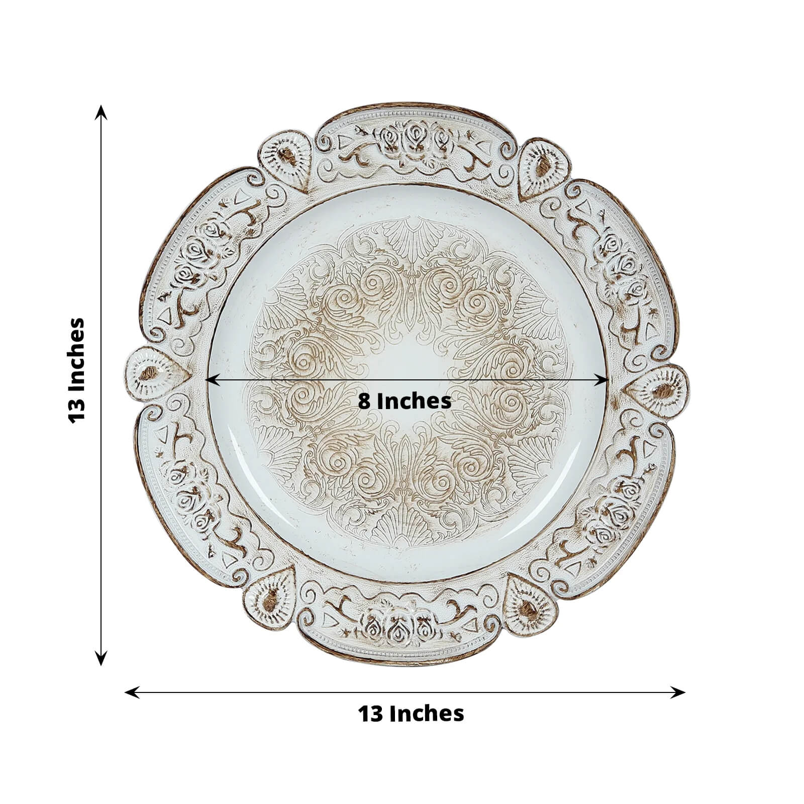 6-Pack Acrylic Charger Plates 13" Round Antique White Floral Embossed with Scalloped Rim - Plastic Decorative Charger Tableware - Image 2