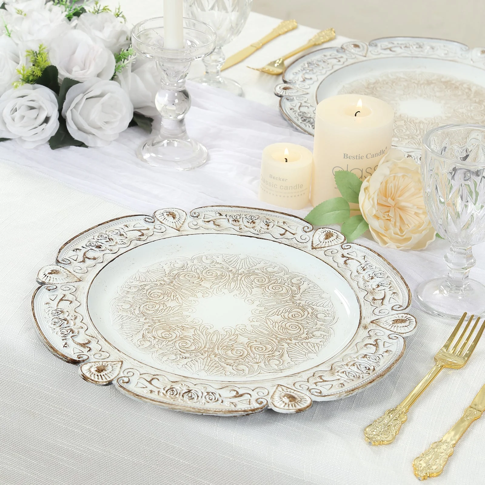 6-Pack Acrylic Charger Plates 13" Round Antique White Floral Embossed with Scalloped Rim - Plastic Decorative Charger Tableware - Image 3