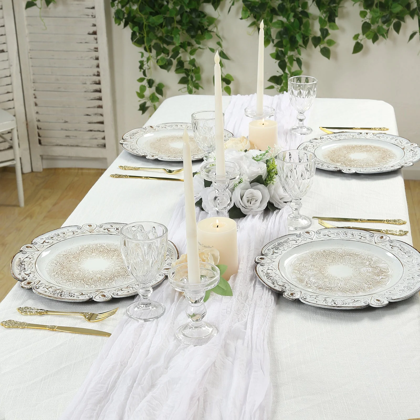 6-Pack Acrylic Charger Plates 13" Round Antique White Floral Embossed with Scalloped Rim - Plastic Decorative Charger Tableware - Image 4