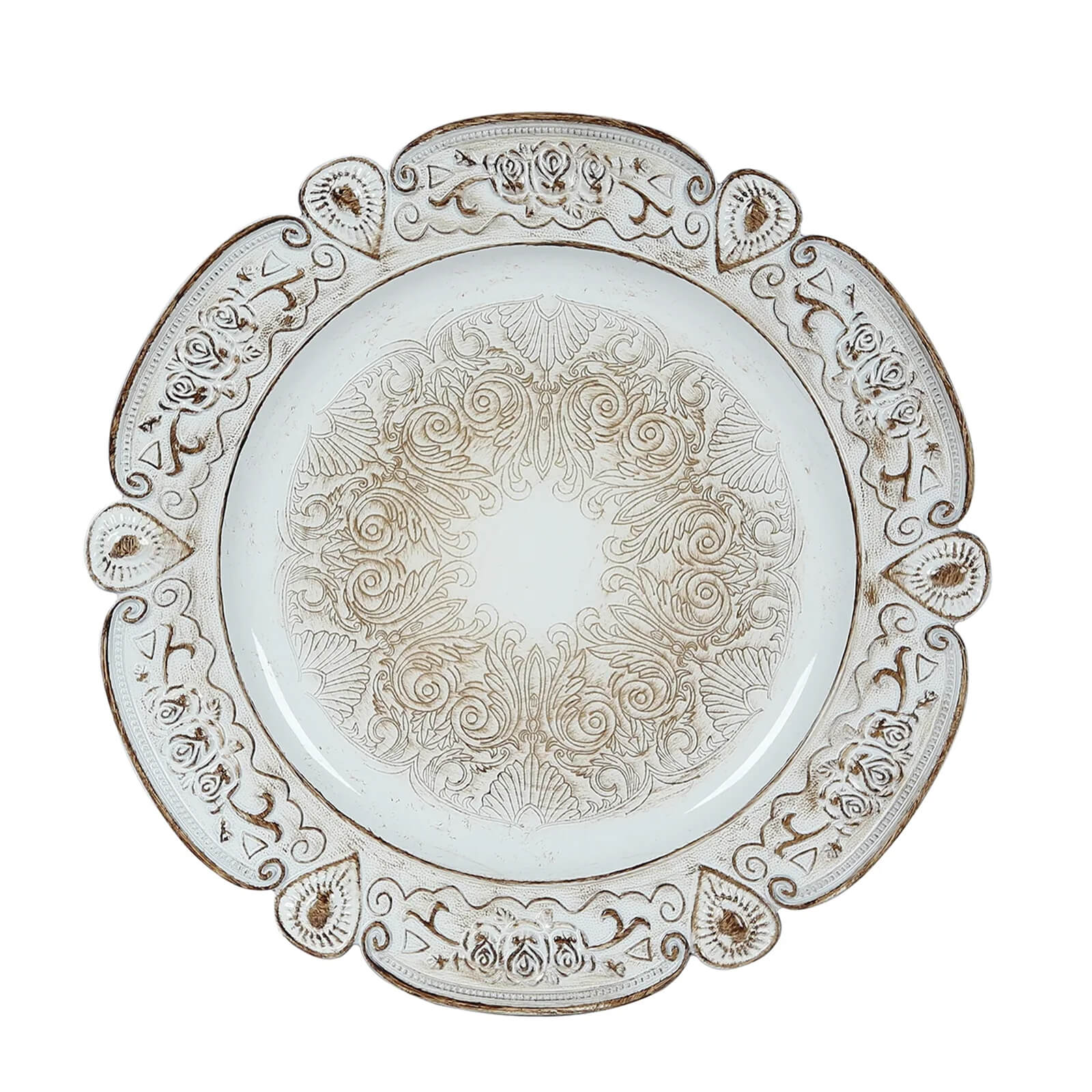 6-Pack Acrylic Charger Plates 13" Round Antique White Floral Embossed with Scalloped Rim - Plastic Decorative Charger Tableware - Image 6