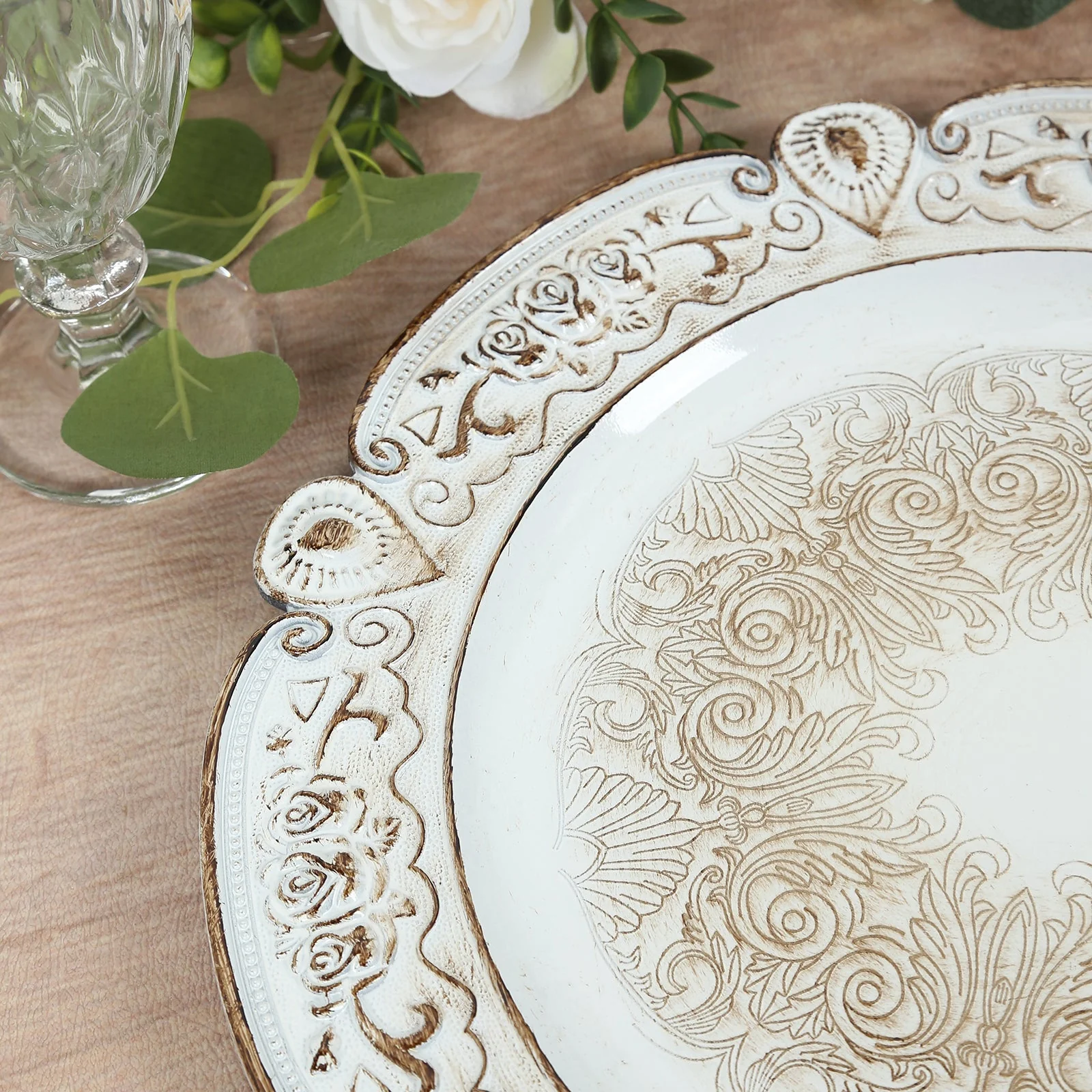 6-Pack Acrylic Charger Plates 13" Round Antique White Floral Embossed with Scalloped Rim - Plastic Decorative Charger Tableware - Image 7