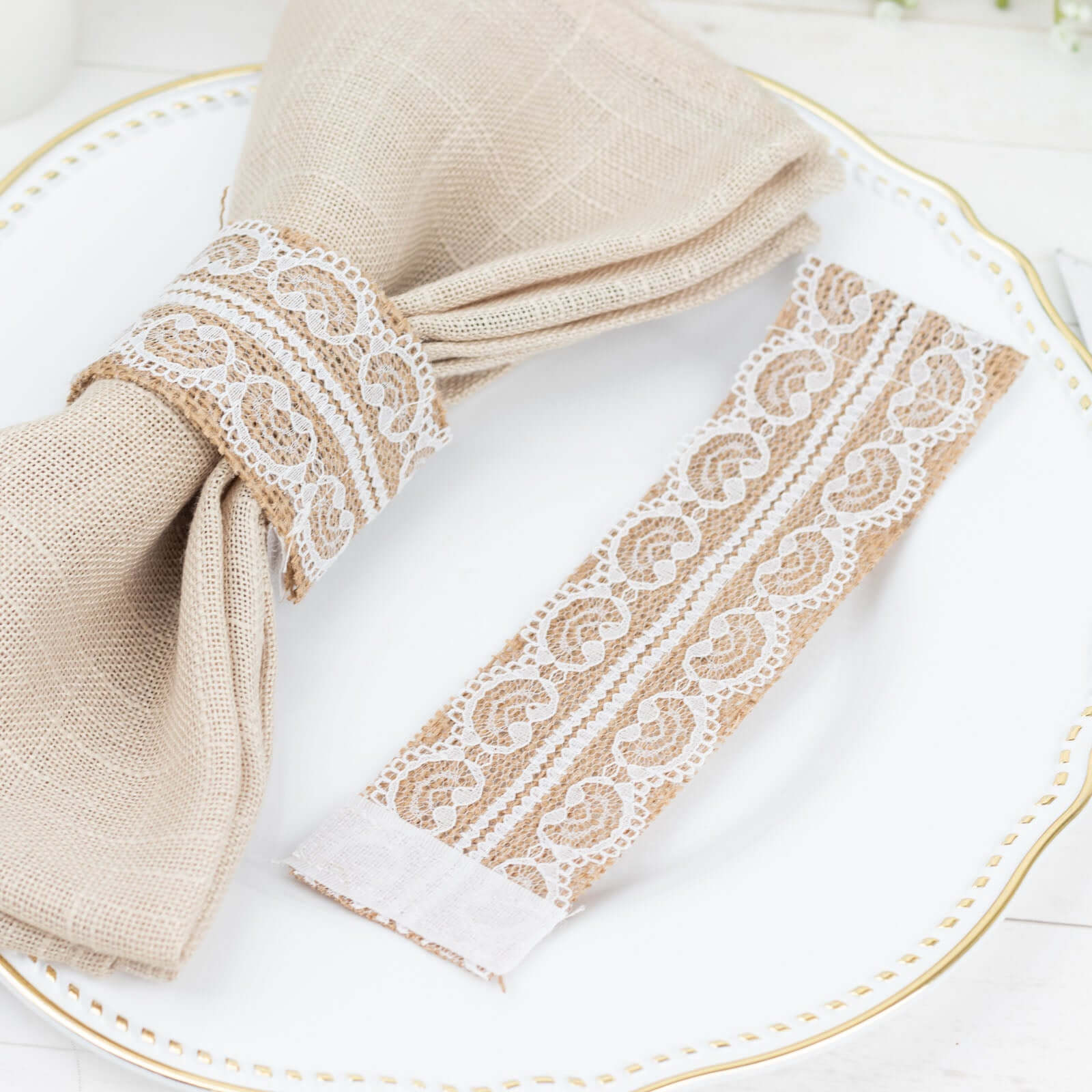 6 Pack Rustic Farmhouse Style Jute and Lace Napkin Rings, Boho Chic Burlap Serviette Buckles Holder - Image 2