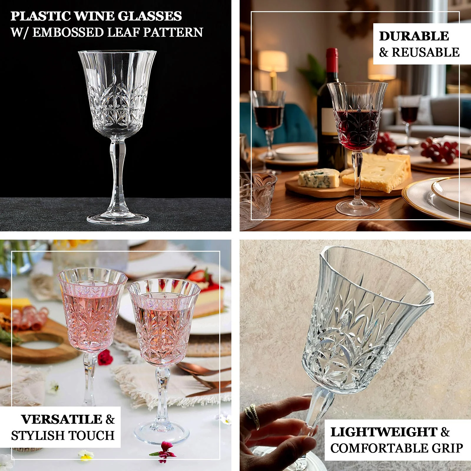 6 Pack Shatterproof Plastic Wine Glasses Clear with Embossed Leaf Pattern, 10oz Reusable Cocktail Glasses - 8" - Image 4