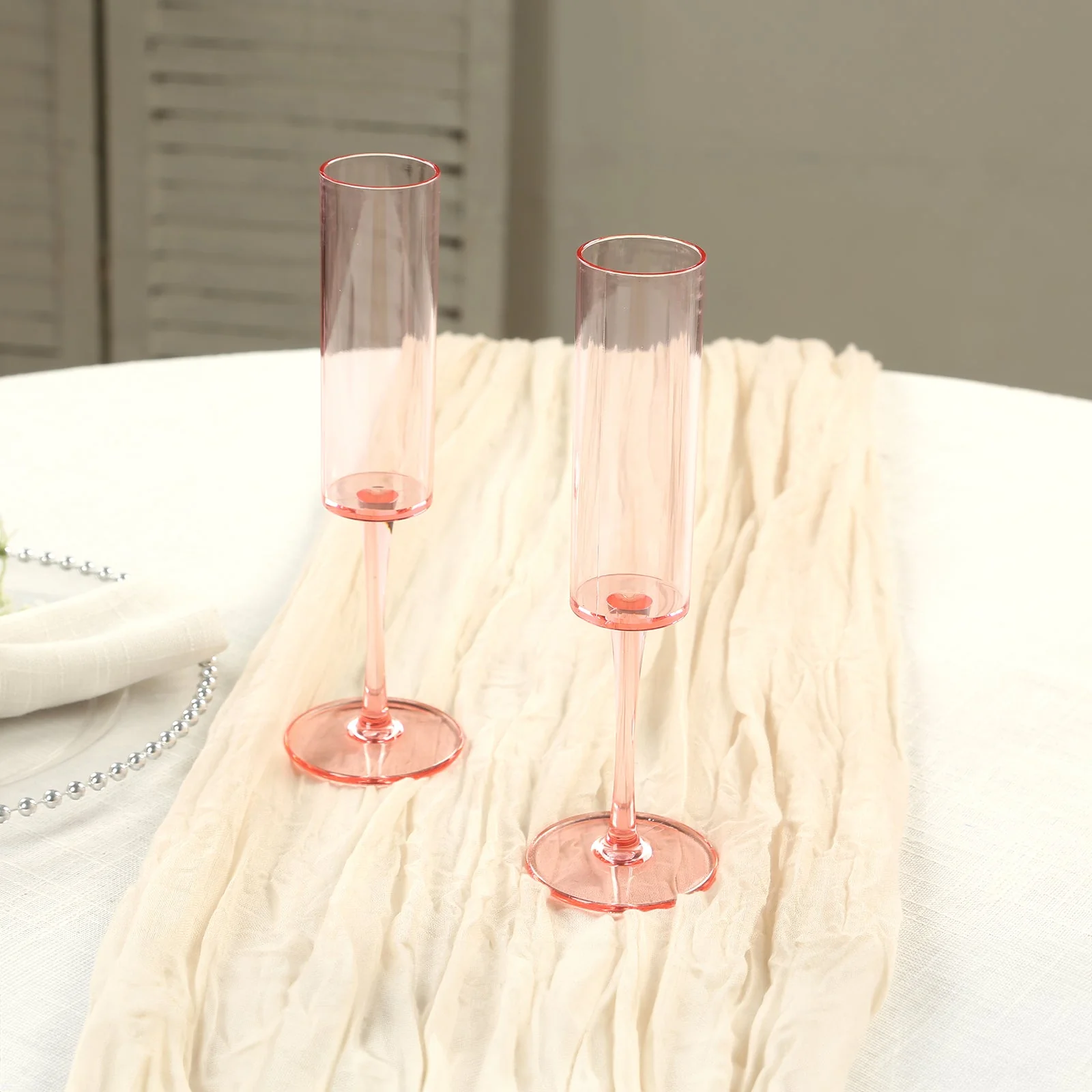 6-Pack Transparent Blush Plastic Champagne Flute Glasses 6oz, Cylindrical Shape with Long Stems - Reusable Wine Mimosa Goblets 9.5" Tall - Image 2