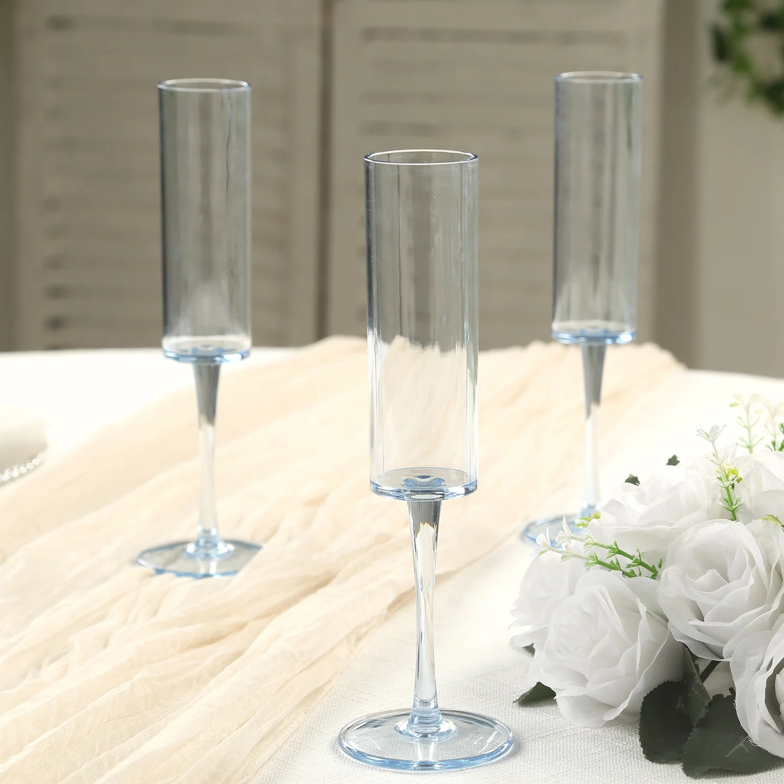 6-Pack Transparent Dusty Blue Plastic Champagne Flute Glasses 6oz, Cylindrical Shape with Long Stems - Reusable Wine Mimosa Goblets 9.5" Tall - Image 2