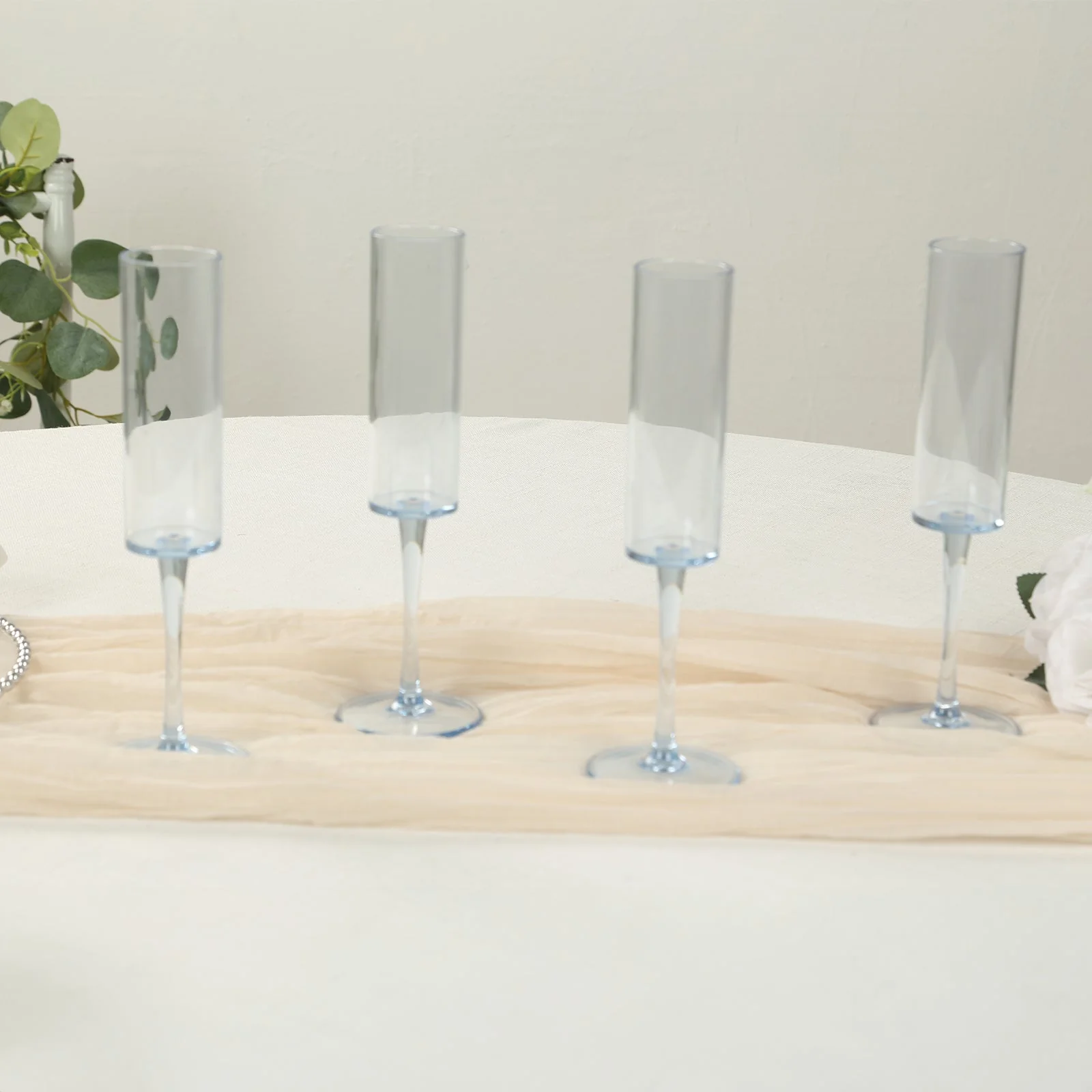 6-Pack Transparent Dusty Blue Plastic Champagne Flute Glasses 6oz, Cylindrical Shape with Long Stems - Reusable Wine Mimosa Goblets 9.5" Tall - Image 8