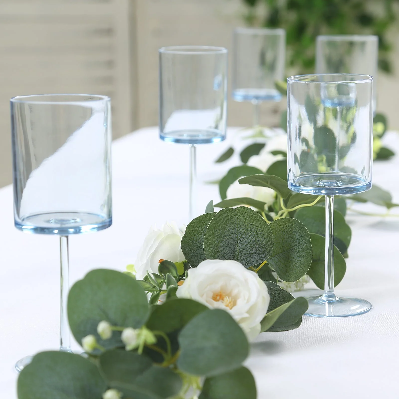 6-Pack Transparent Dusty Blue Plastic Cylindrical Wine Glasses 10oz, Long Stem - Shatterproof Reusable Cocktail Glasses - Image 8