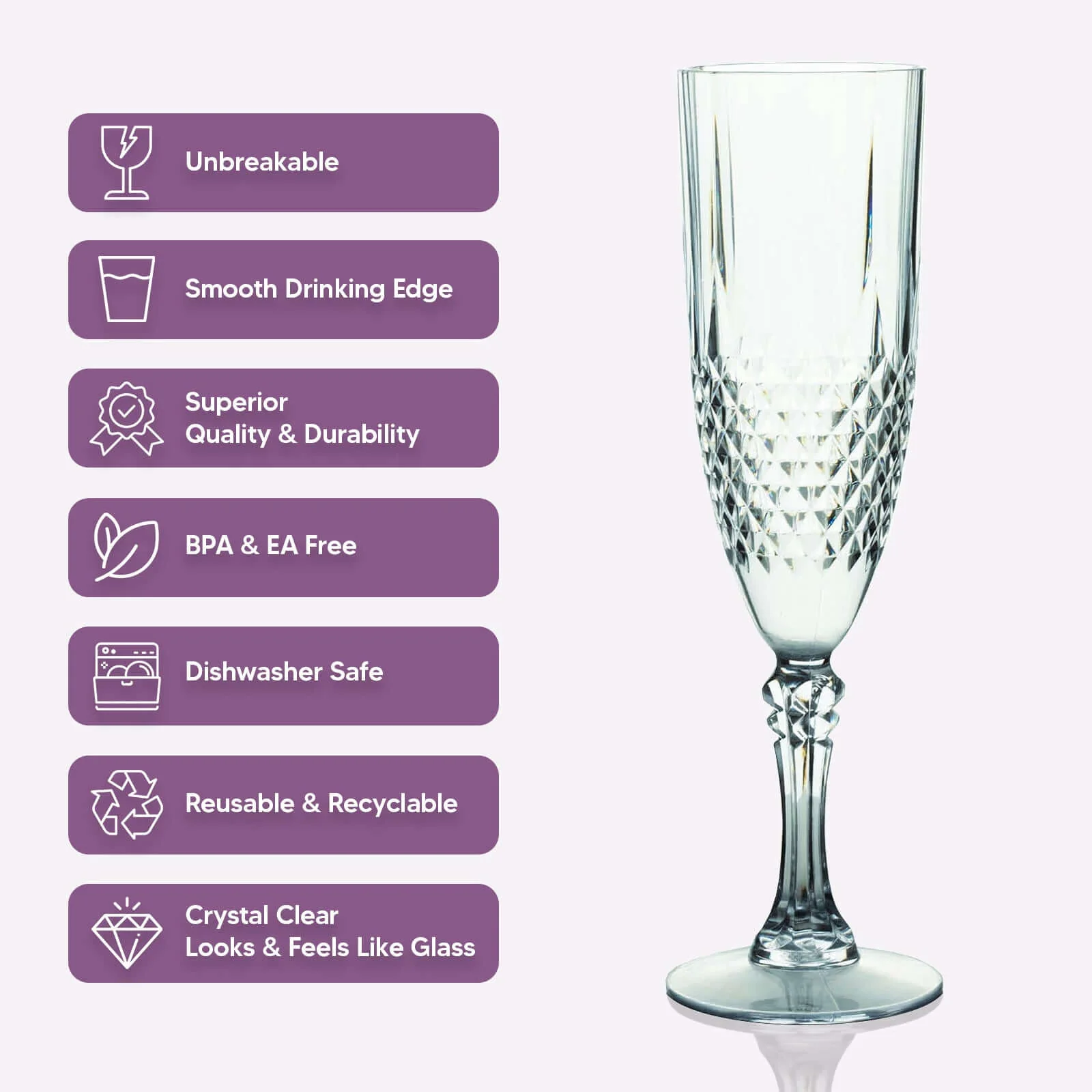 6-Pack Transparent Plastic Champagne Glasses 8oz, Crystal Cut Style Black - Shatterproof Wedding Toast Flutes - Image 4