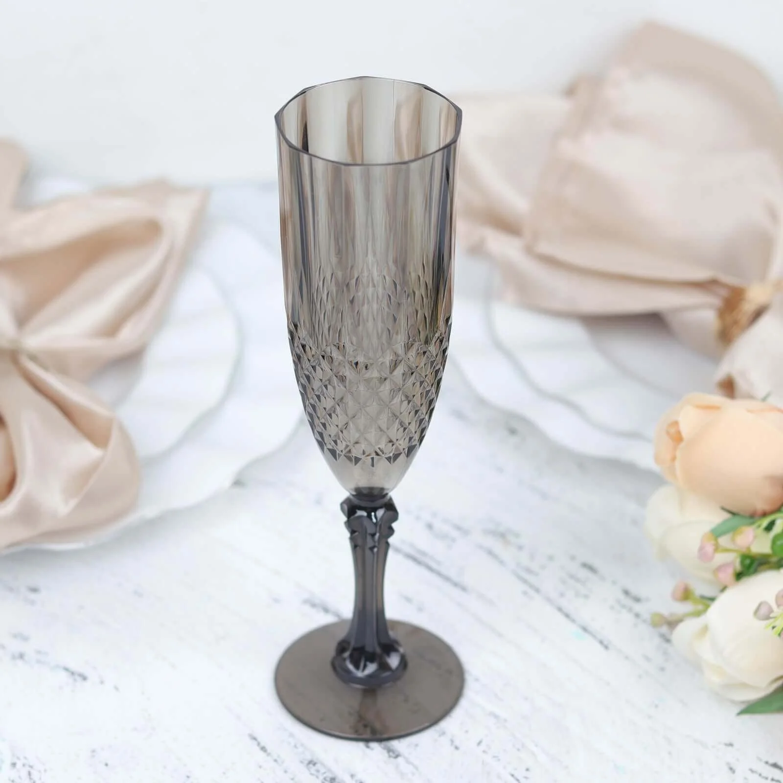 6-Pack Transparent Plastic Champagne Glasses 8oz, Crystal Cut Style Black - Shatterproof Wedding Toast Flutes - Image 8
