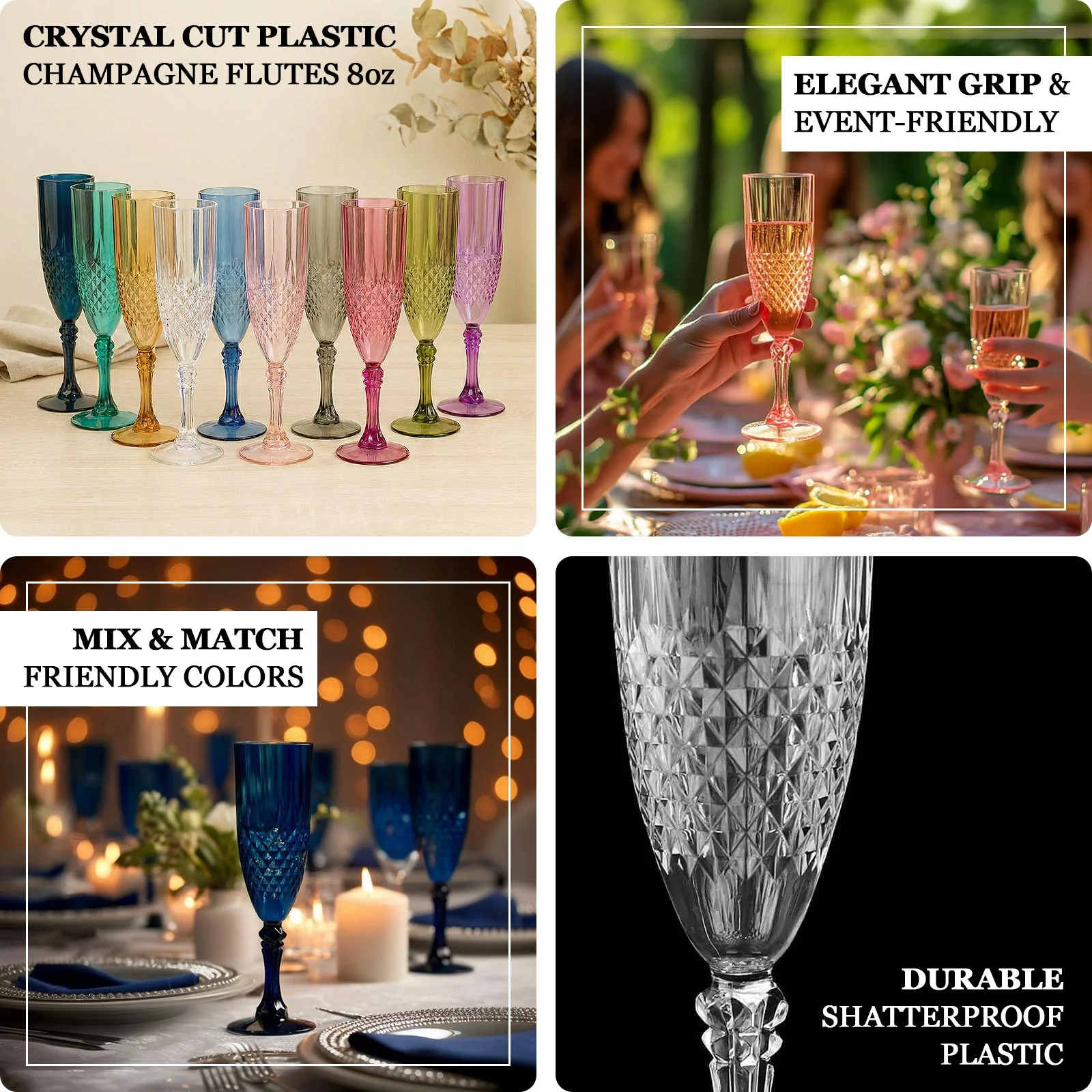 6-Pack Transparent Plastic Champagne Glasses 8oz, Crystal Cut Style Clear - Shatterproof Wedding Toast Flutes - Image 5