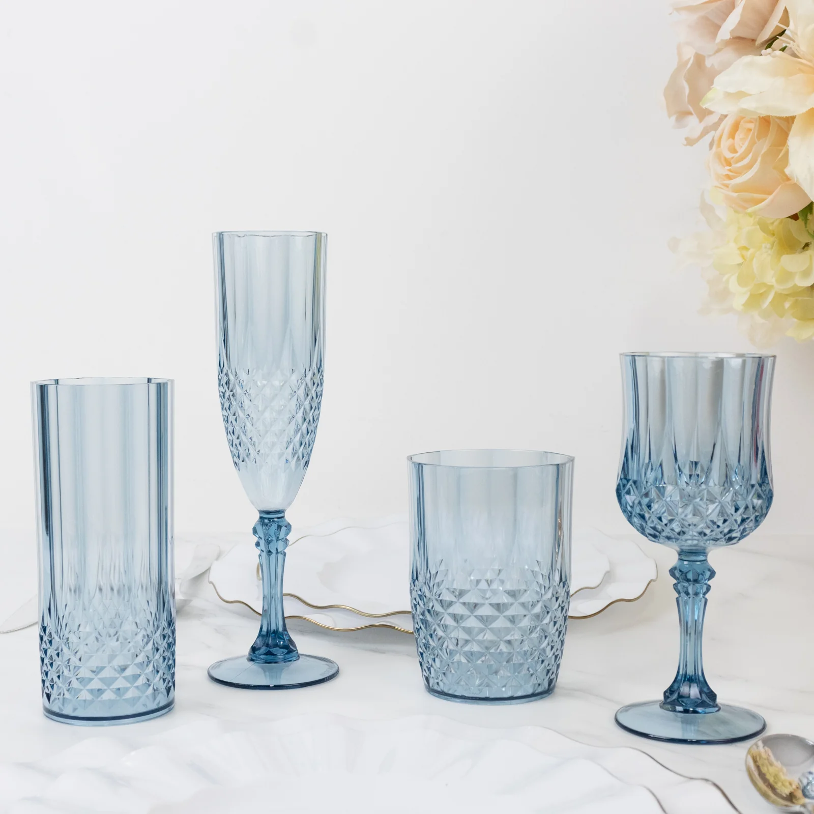 6-Pack Transparent Plastic Champagne Glasses 8oz, Crystal Cut Style Dusty Blue - Shatterproof Wedding Toast Flutes - Image 7