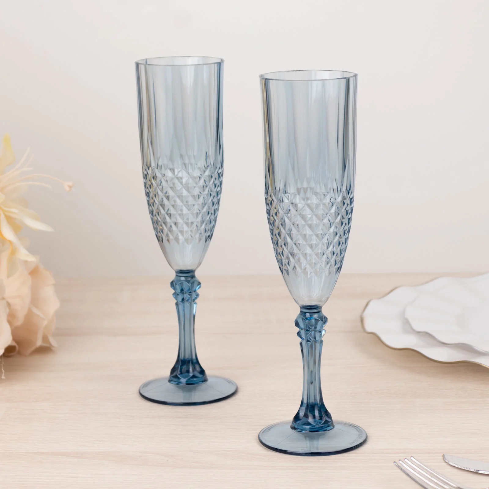 6-Pack Transparent Plastic Champagne Glasses 8oz, Crystal Cut Style Dusty Blue - Shatterproof Wedding Toast Flutes - Image 9
