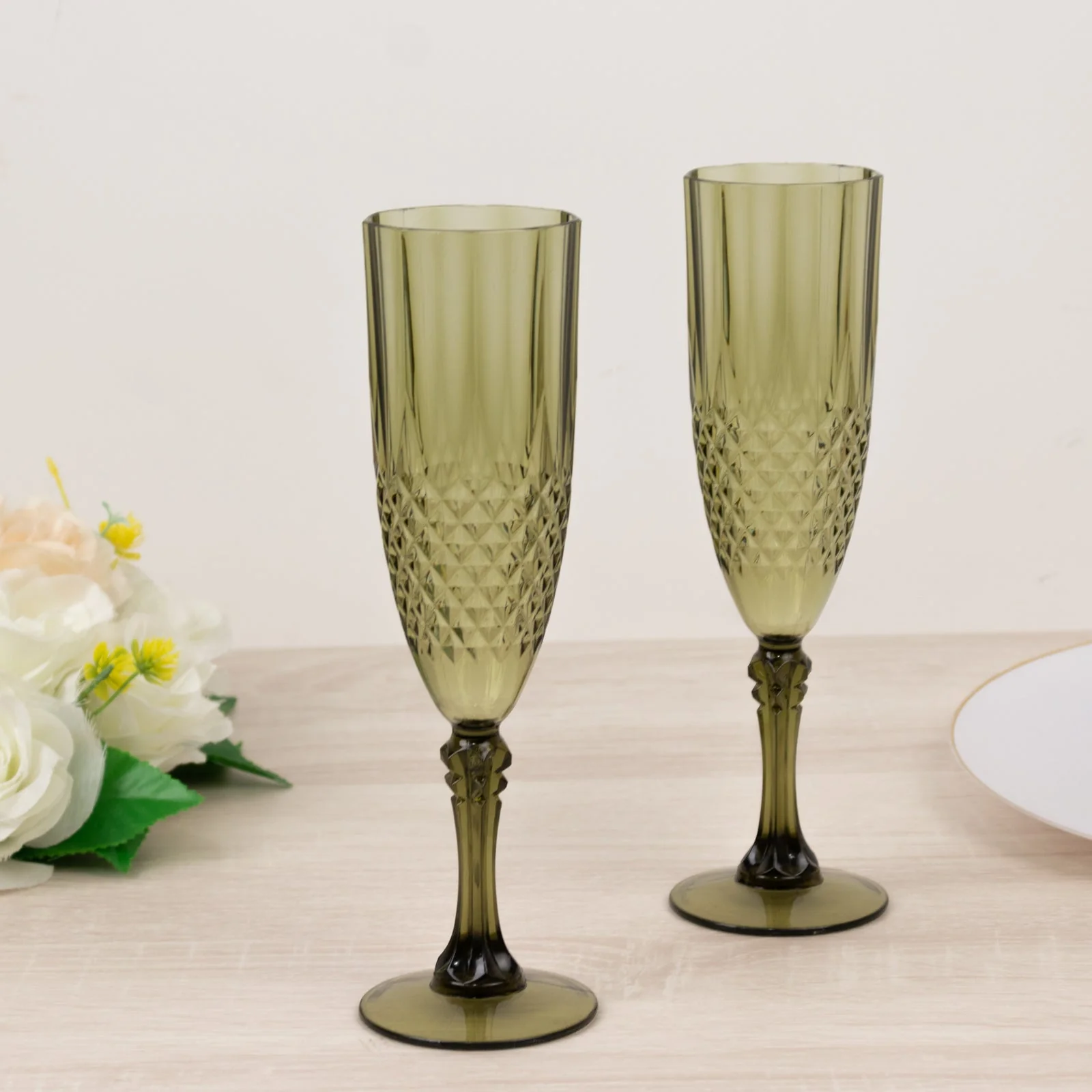 6-Pack Transparent Plastic Champagne Glasses 8oz, Crystal Cut Style Dusty Sage Green - Shatterproof Wedding Toast Flutes